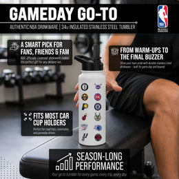 NBA Logo Brands  34oz Stainless Steel Vacuum Insulated Water Bottle with Flip Straw Lid and Carry Handle - White