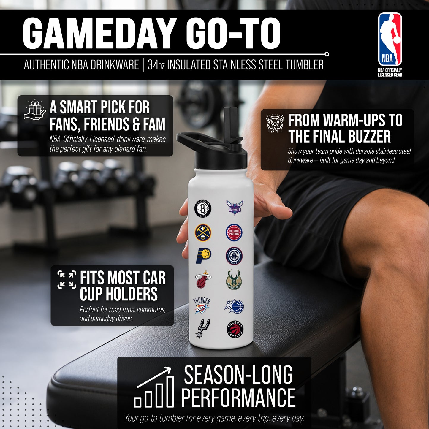 NBA Logo Brands  34oz Stainless Steel Vacuum Insulated Water Bottle with Flip Straw Lid and Carry Handle - White
