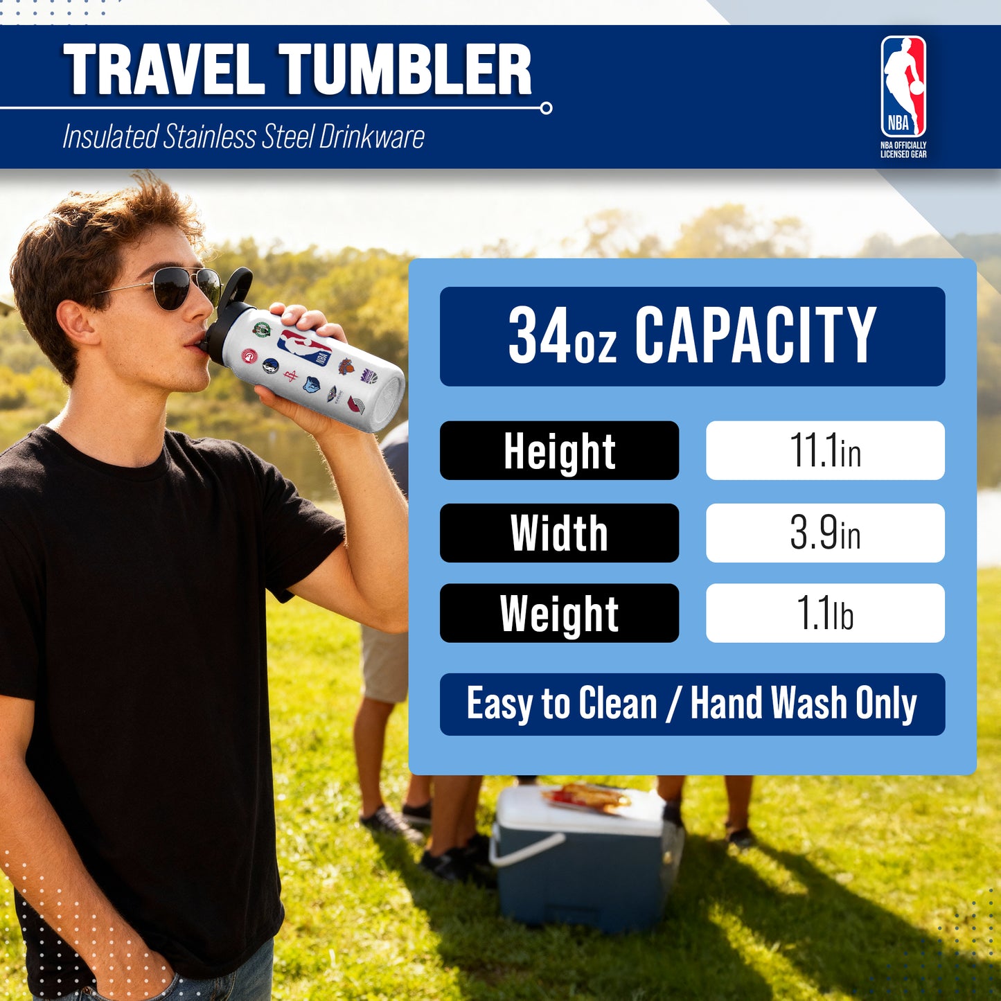NBA Logo Brands  34oz Stainless Steel Vacuum Insulated Water Bottle with Flip Straw Lid and Carry Handle - White