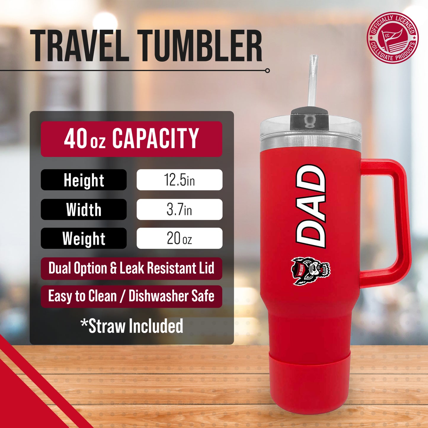 NC State Wolfpack Collegiate 40oz Stainless Steel Travel Tumbler with Handle for Dad - Red