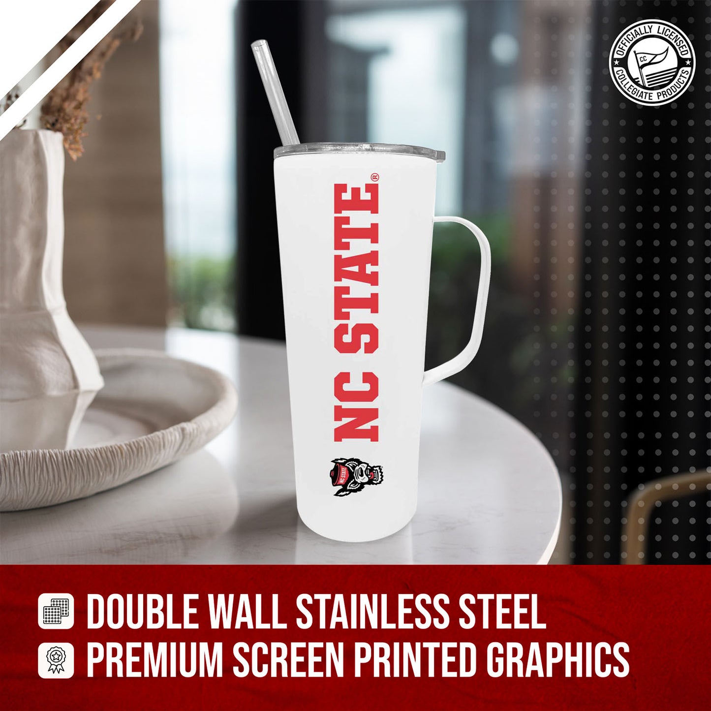 NC State Wolfpack NCAA Stainless Steel 20oz Roadie With Handle & Dual Option Lid With Straw - White