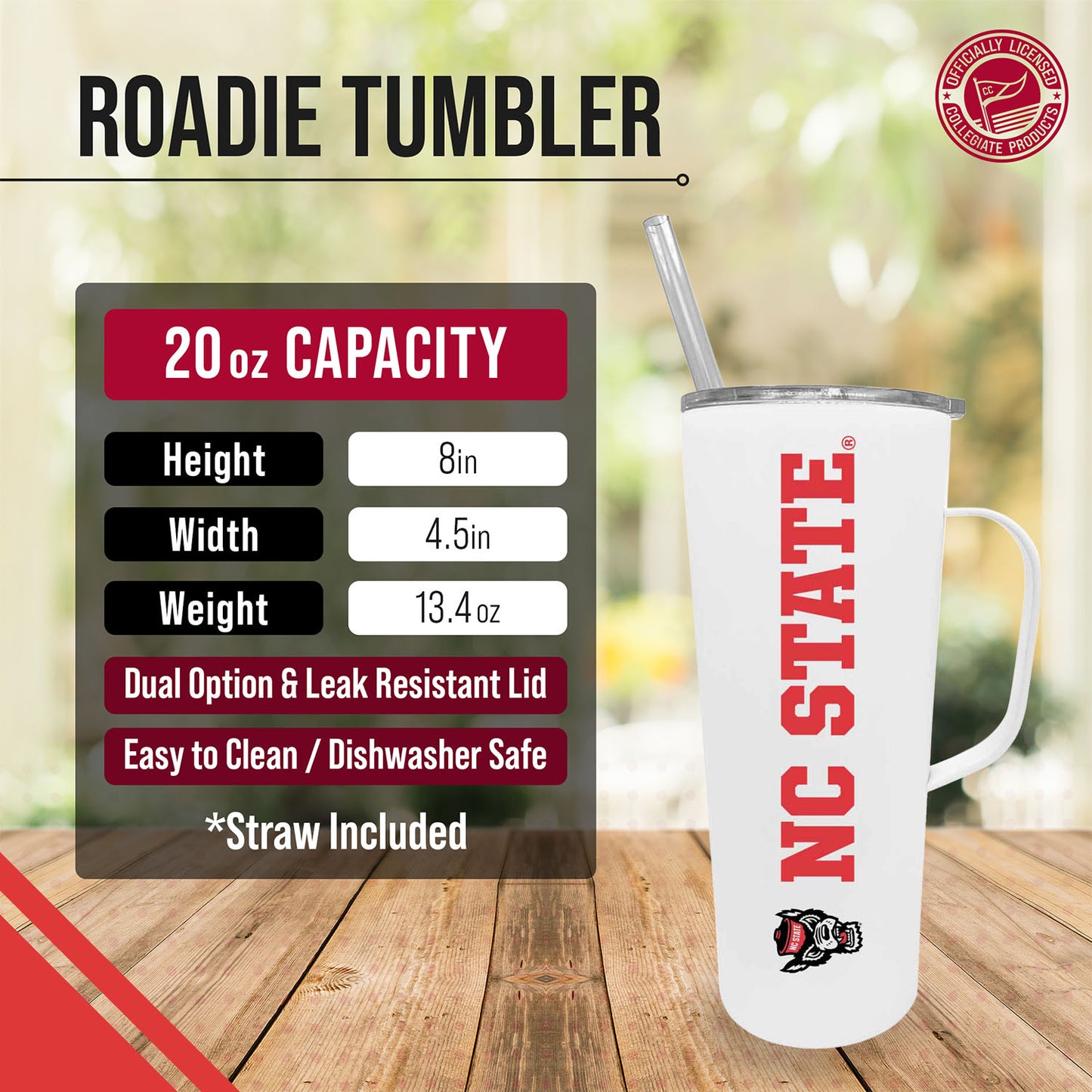 NC State Wolfpack NCAA Stainless Steel 20oz Roadie With Handle & Dual Option Lid With Straw - White