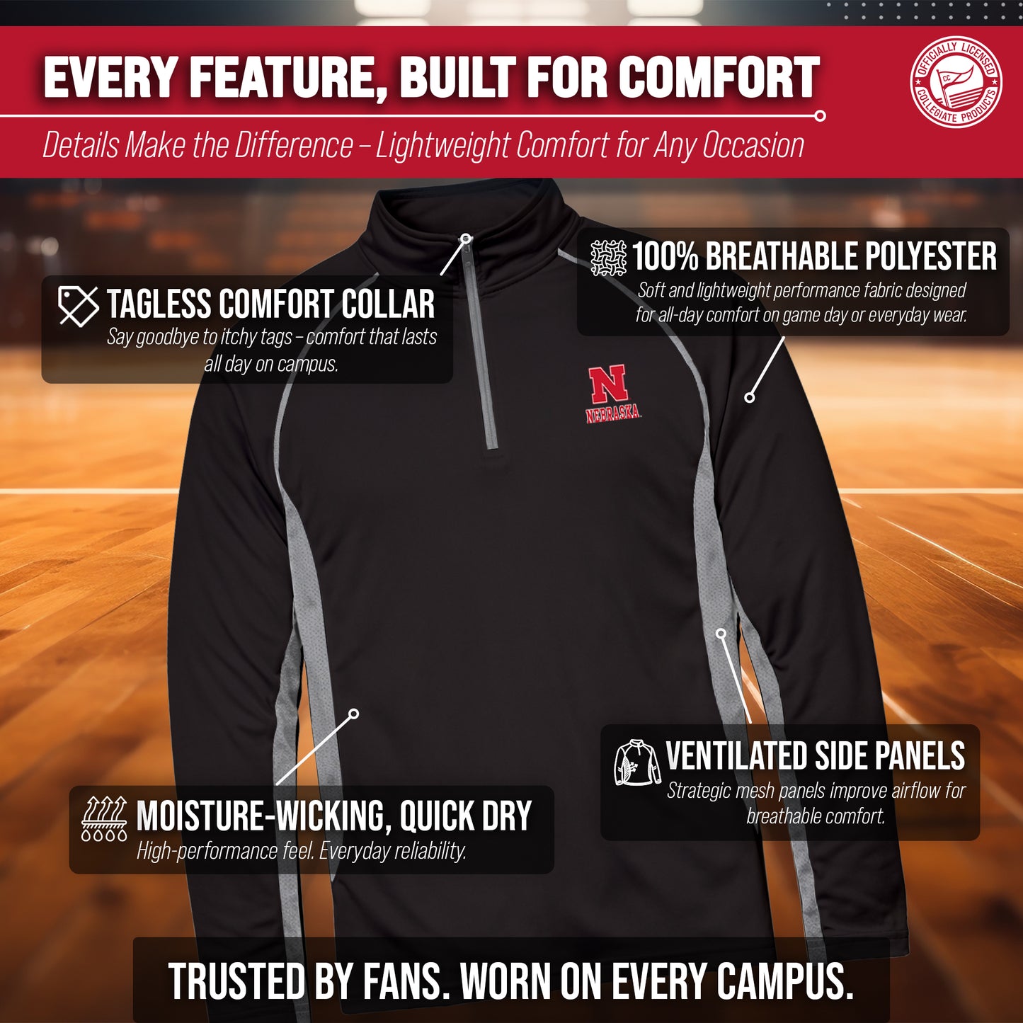 Nebraska Cornhuskers Mens NCAA Campus Classic Long Sleeve 1/4 Zip Windshirt - Black