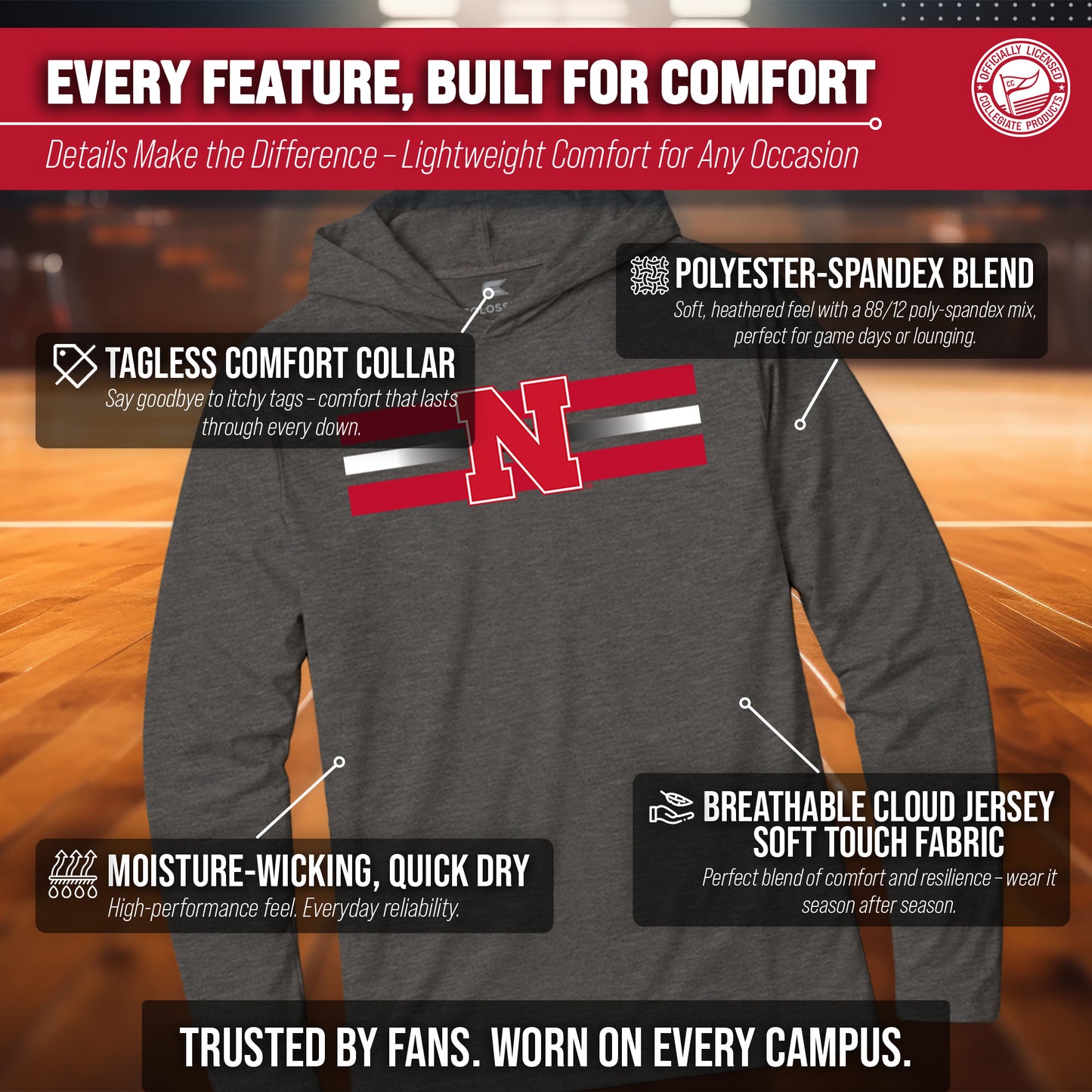 Nebraska Cornhuskers NCAA Unisex Scholarship Cloud Jersey Performance Hooded Long Sleeve Tee - Black Heather