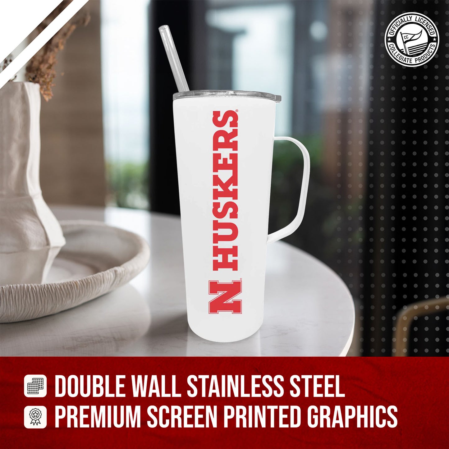 Nebraska Cornhuskers NCAA Stainless Steel 20oz Roadie With Handle & Dual Option Lid With Straw - White