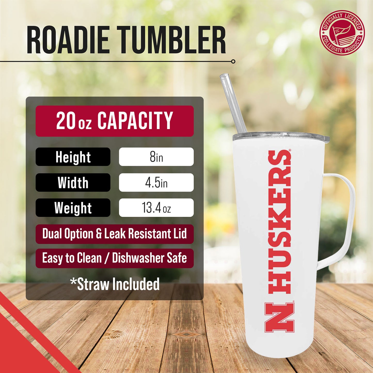 Nebraska Cornhuskers NCAA Stainless Steel 20oz Roadie With Handle & Dual Option Lid With Straw - White