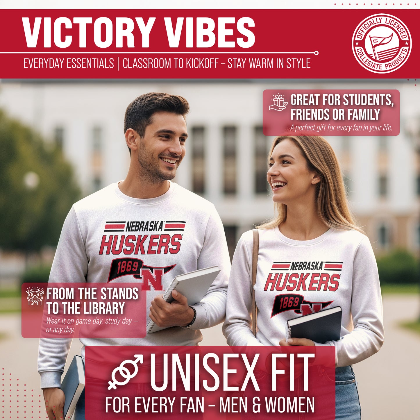 Nebraska Cornhuskers NCAA Adult Unisex Varsity Club Pennant Crewneck Fleece Sweatshirt - Off White