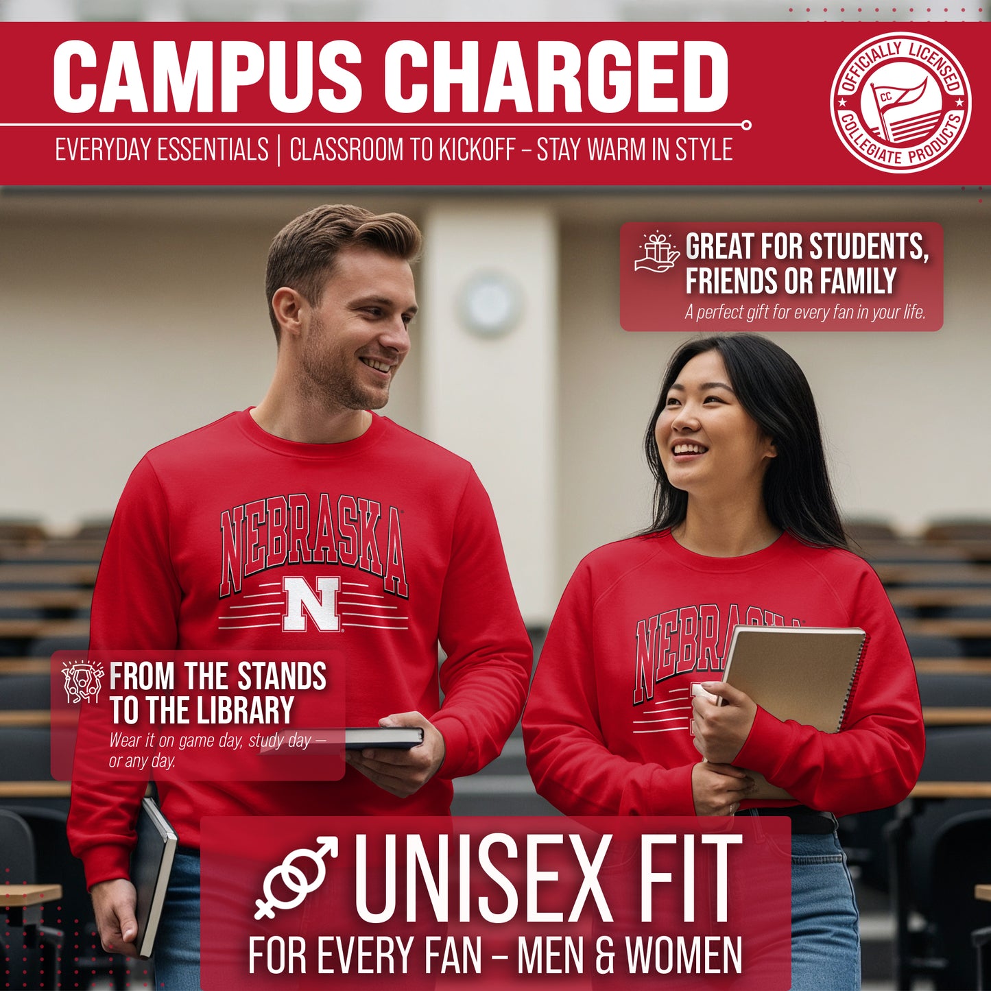 Nebraska Cornhuskers NCAA Adult Unisex Overtime Classics Crewneck Fleece Sweatshirt - Red