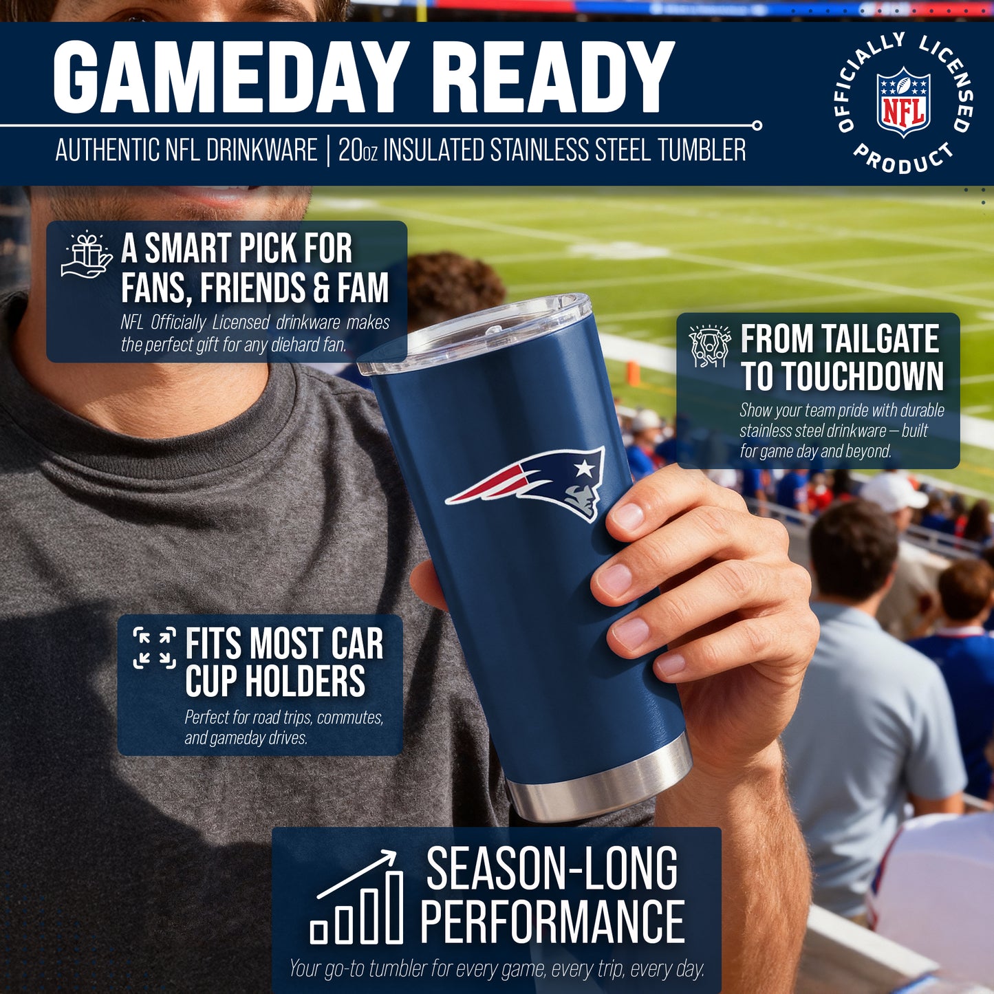 New England Patriots NFL 20oz Gameday Stainless Steel Tumbler - Navy