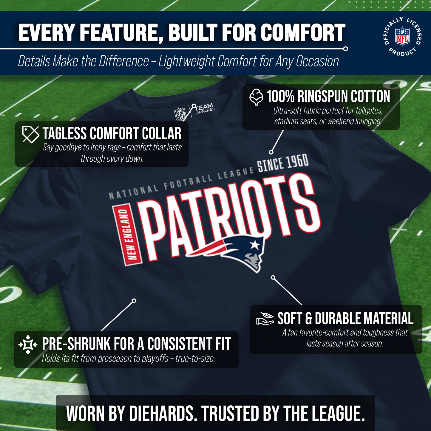 New England Patriots NFL Youth Modern Endzone Football T-Shirt Unisex Tag Free Comfortable - Navy