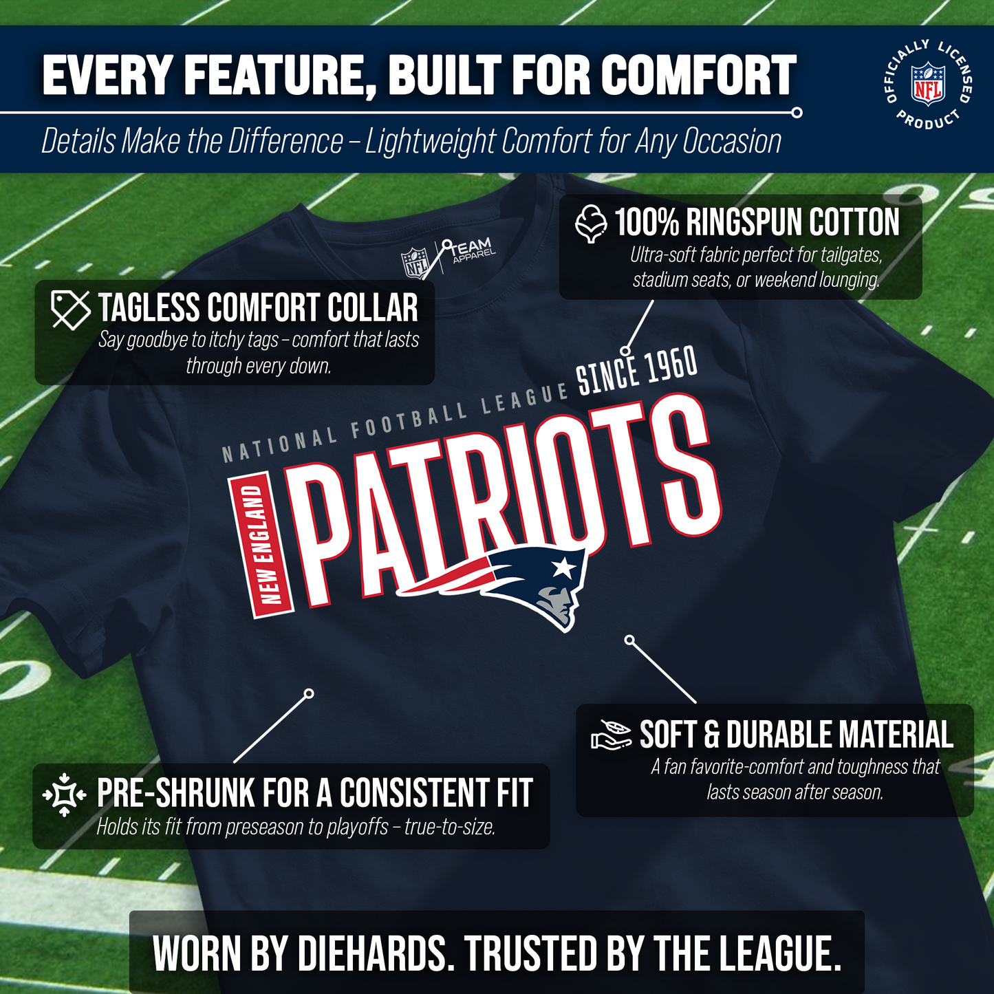 New England Patriots NFL Adult Modern Endzone Tag-Less T-Shirt - Navy