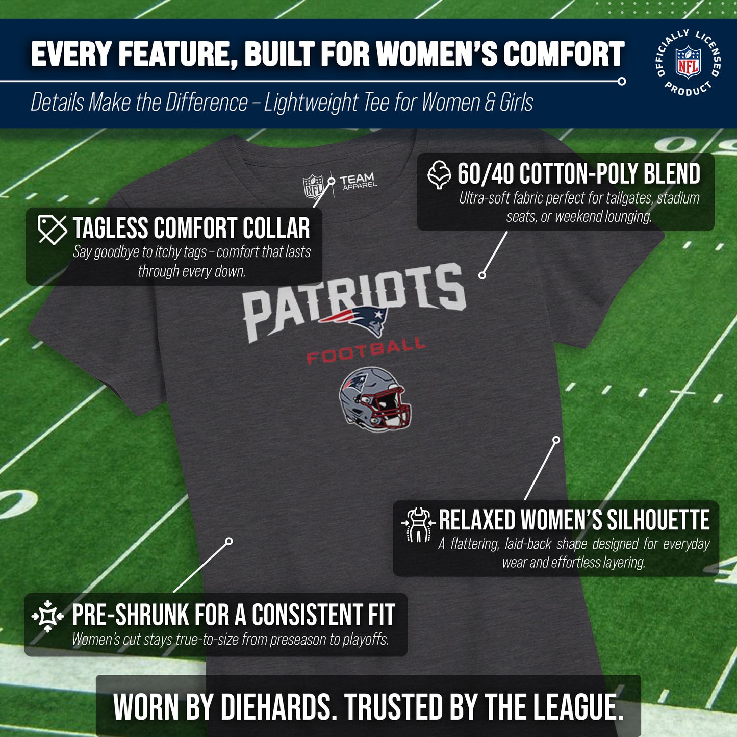 New England Patriots Women's NFL Football Helmet Short Sleeve Tagless T-Shirt - Charcoal