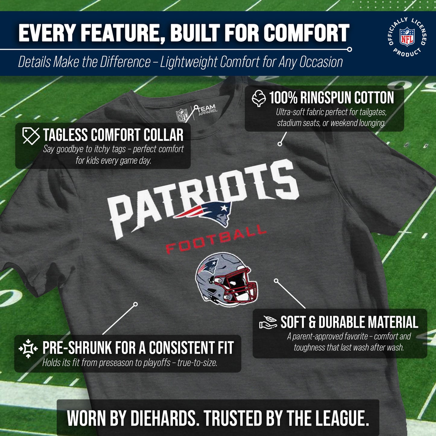 New England Patriots NFL Youth Football Helmet Tagless T-Shirt - Charcoal