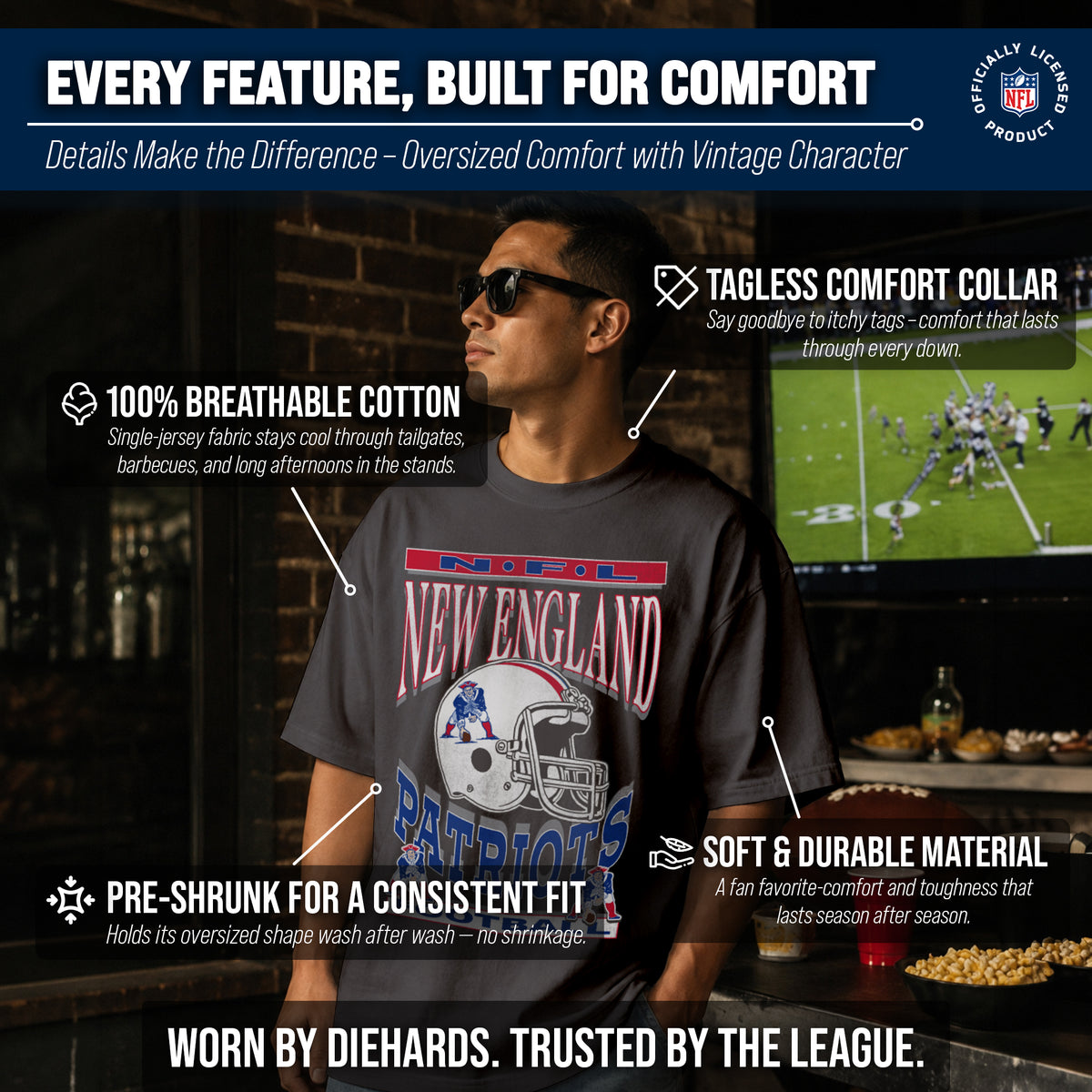 New England Patriots  NFL Franchise Oversized Cotton Tee Men Short Sleeve - Black