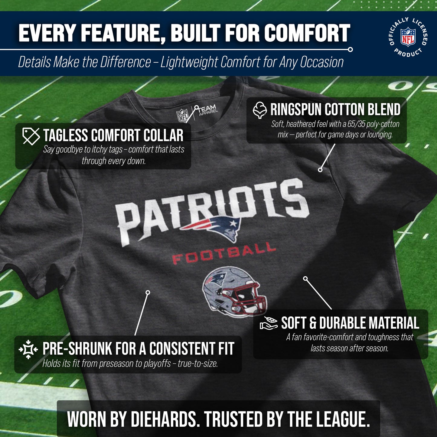 New England Patriots NFL Adult Football Helmet Tagless T-Shirt - Charcoal