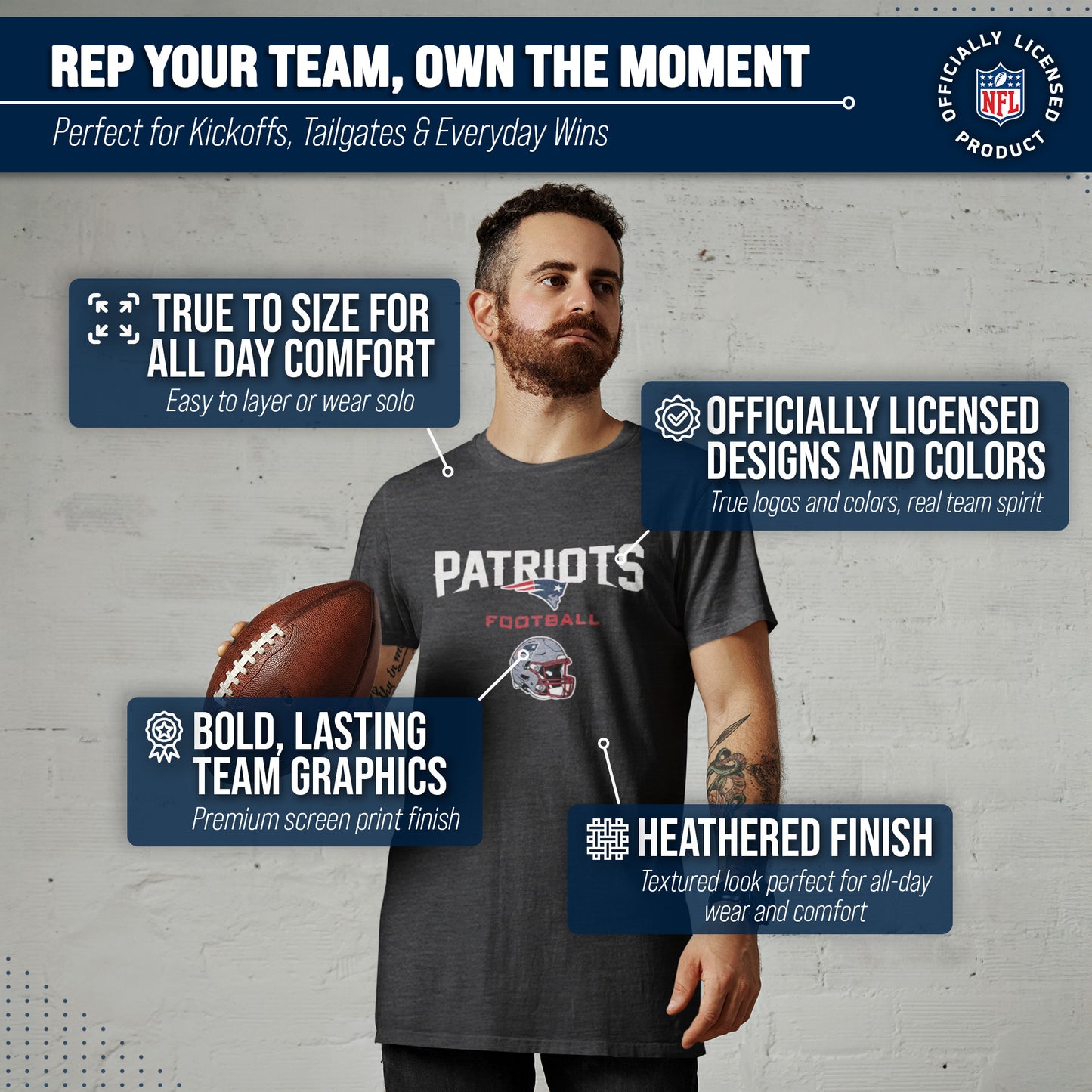New England Patriots NFL Adult Football Helmet Tagless T-Shirt - Charcoal