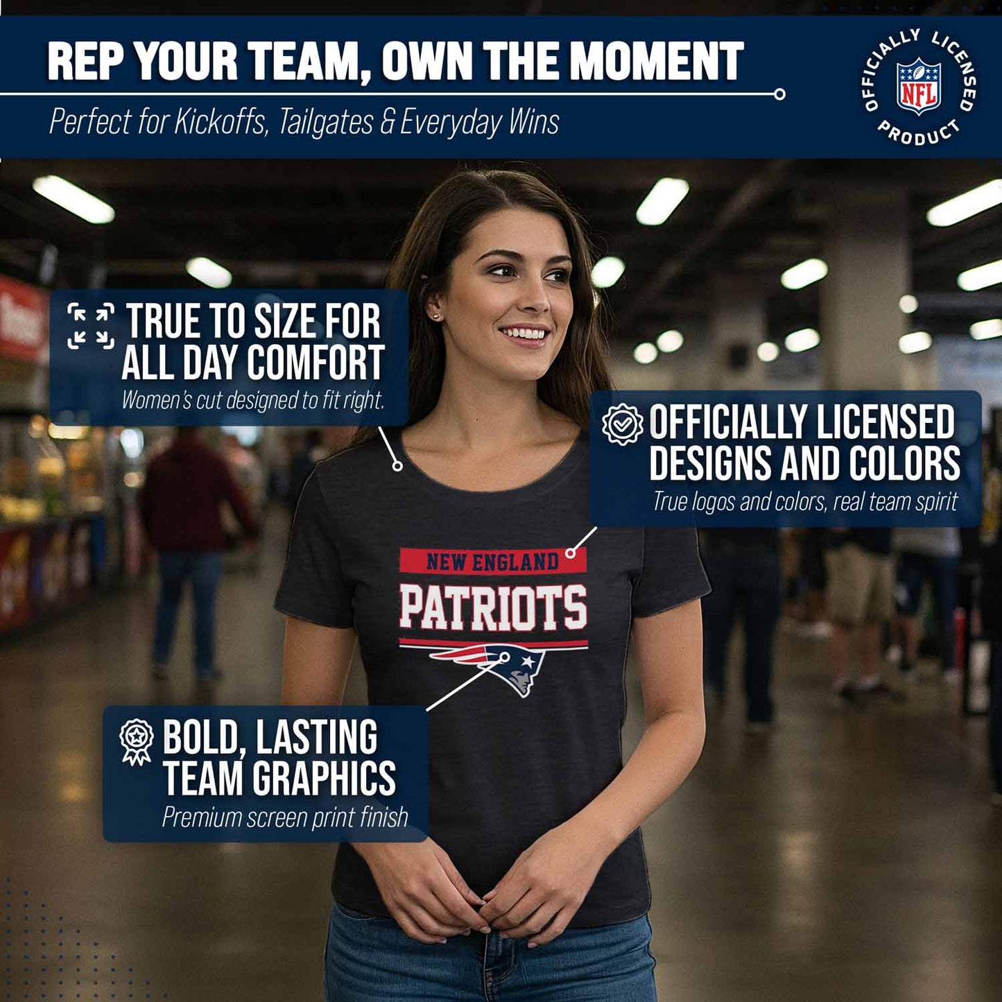 New England Patriots NFL Women's Team Block Charcoal Tagless T-Shirt - Charcoal