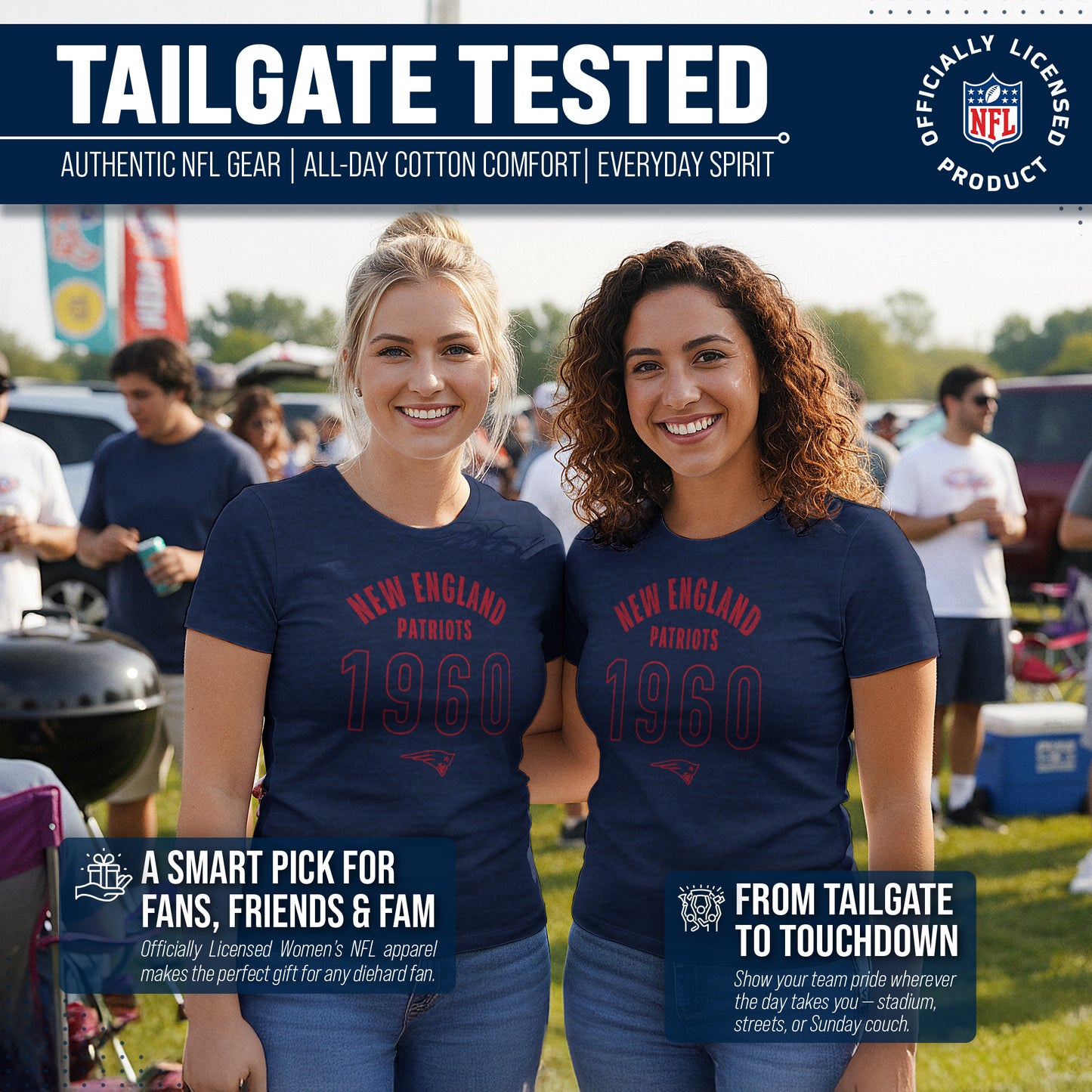 New England Patriots NFL Womens Big Date Tag-Less T-Shirt - Navy
