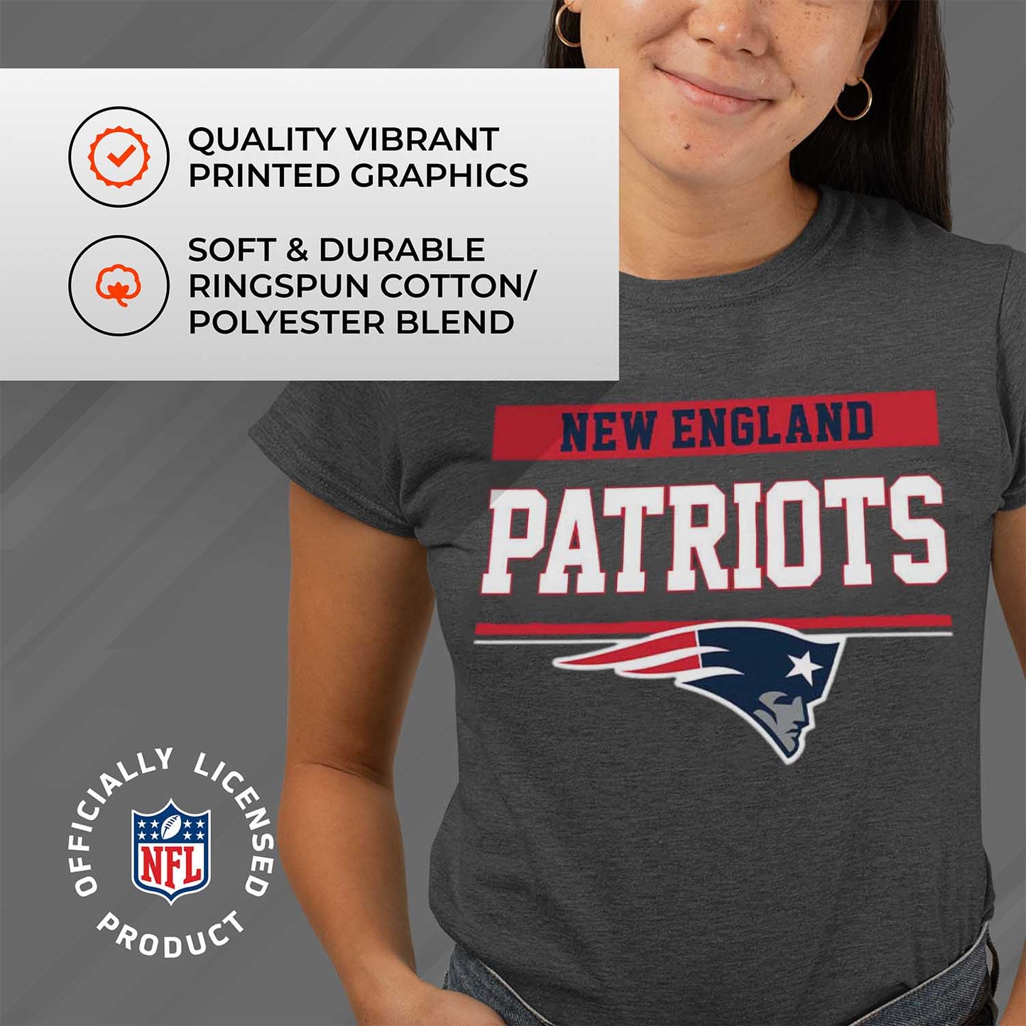 New England Patriots NFL Women's Team Block Plus Sized Relaxed Fit T-Shirt - Charcoal