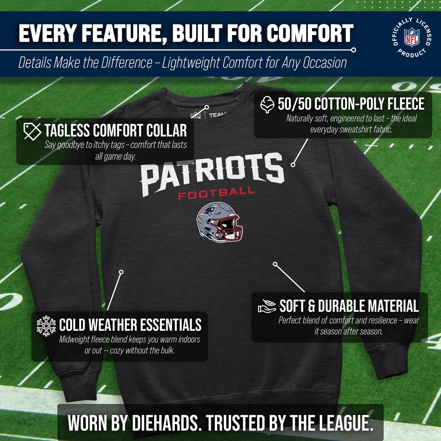 New England Patriots Adult NFL Football Helmet Heather Crewneck Sweatshirt - Charcoal