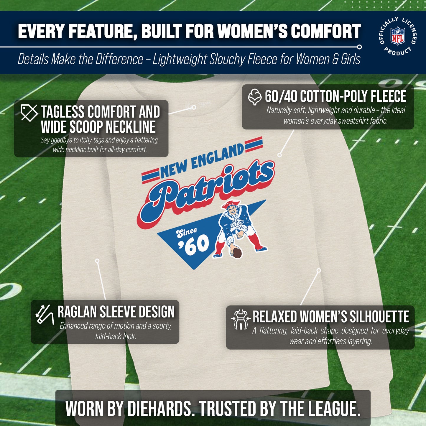 New England Patriots NFL Womens Vintage Charm French Terry Slouchy Top - Birch
