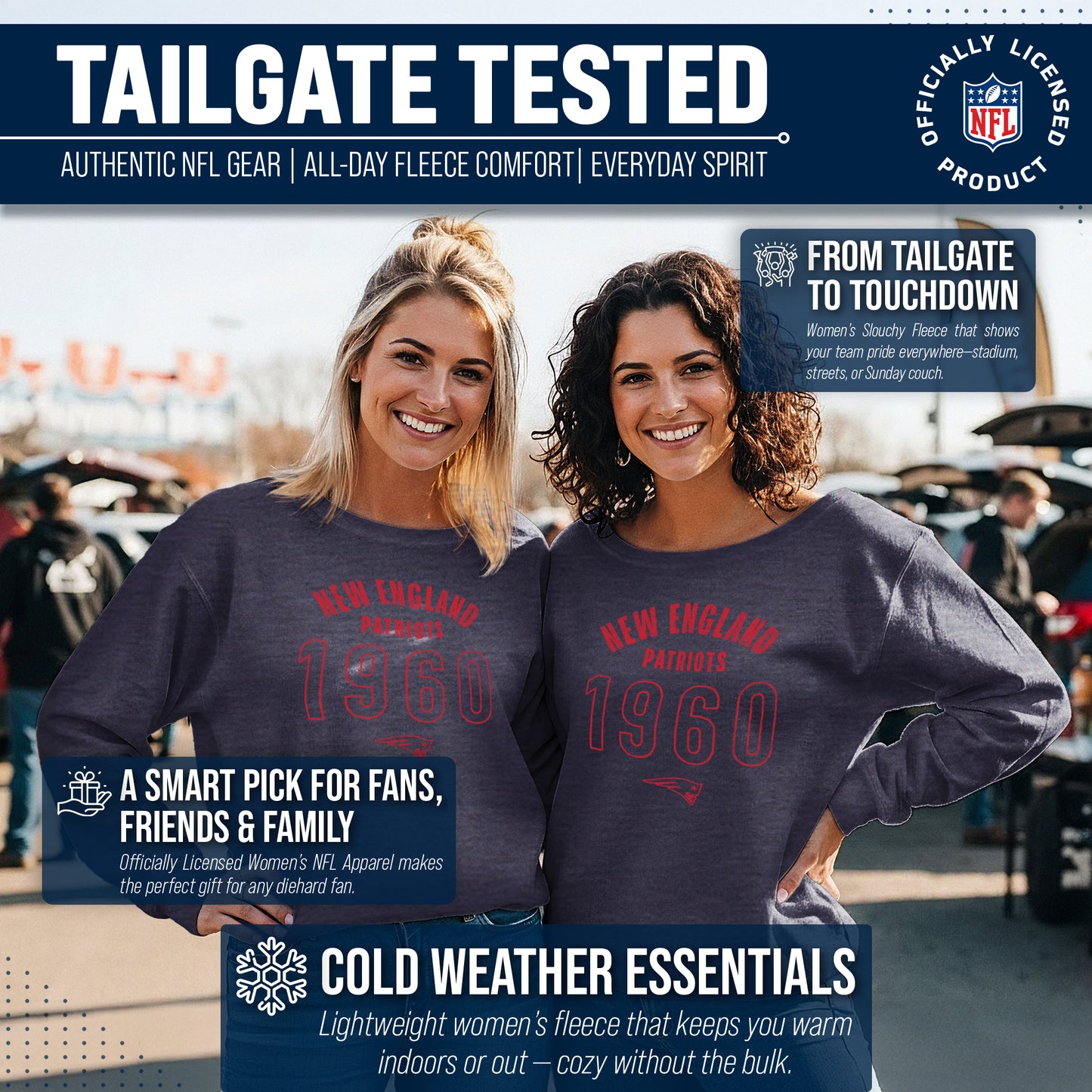 New England Patriots NFL Womens Big Date French Terry Slouchy Top - Navy Heather