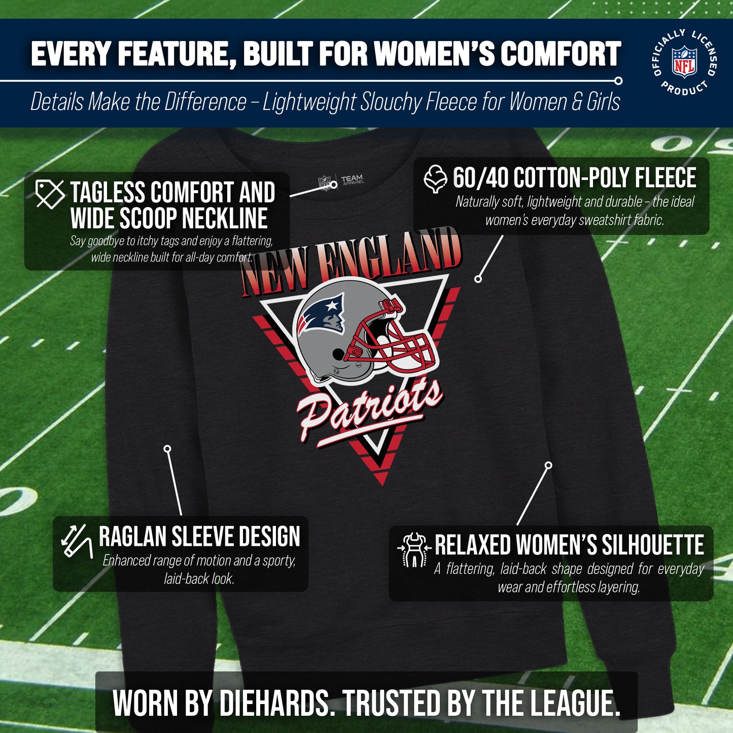 New England Patriots NFL Womens Retro Triangle French Terry Slouchy Top- Raglan Sleeves - Heather Charcoal