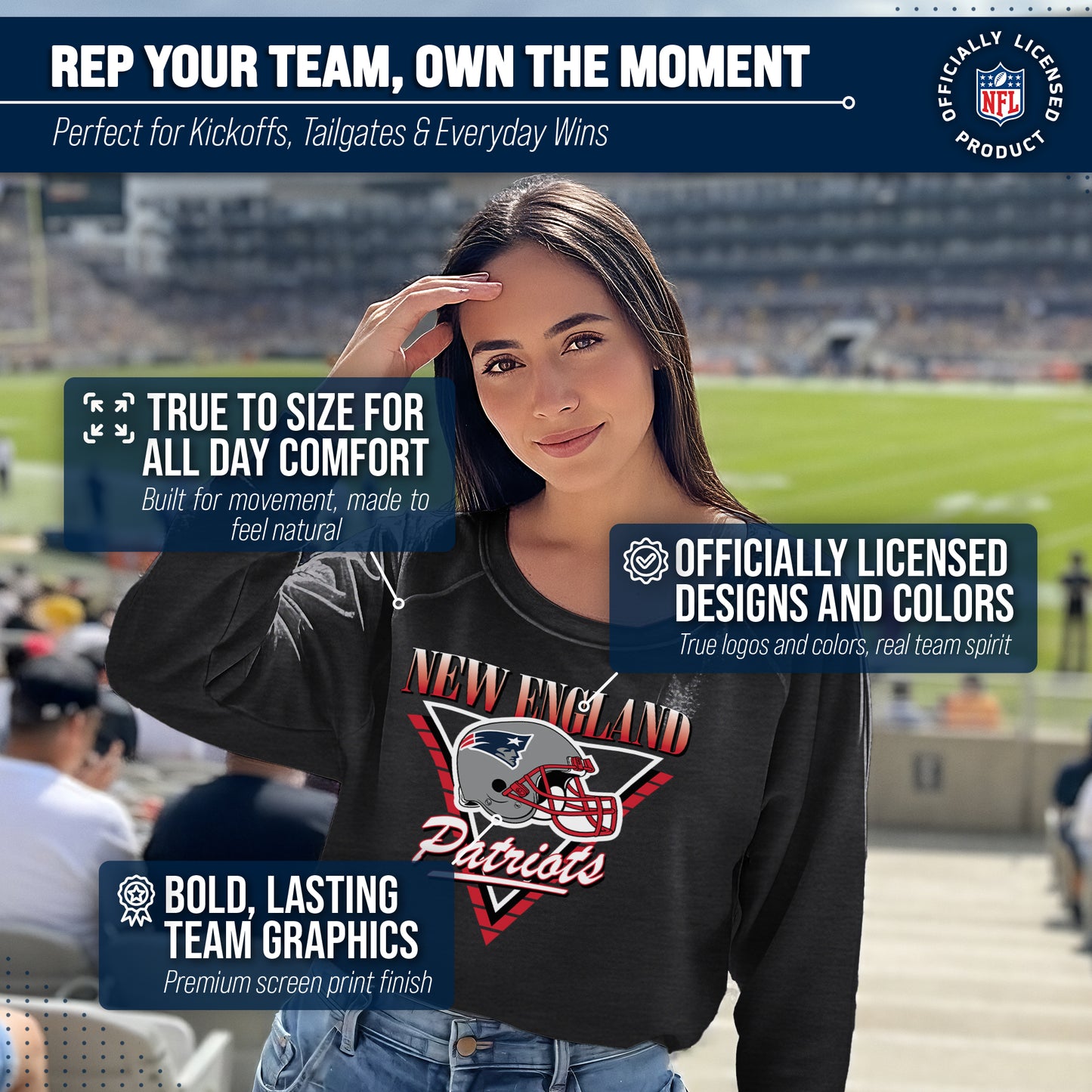 New England Patriots NFL Womens Retro Triangle French Terry Slouchy Top- Raglan Sleeves - Heather Charcoal