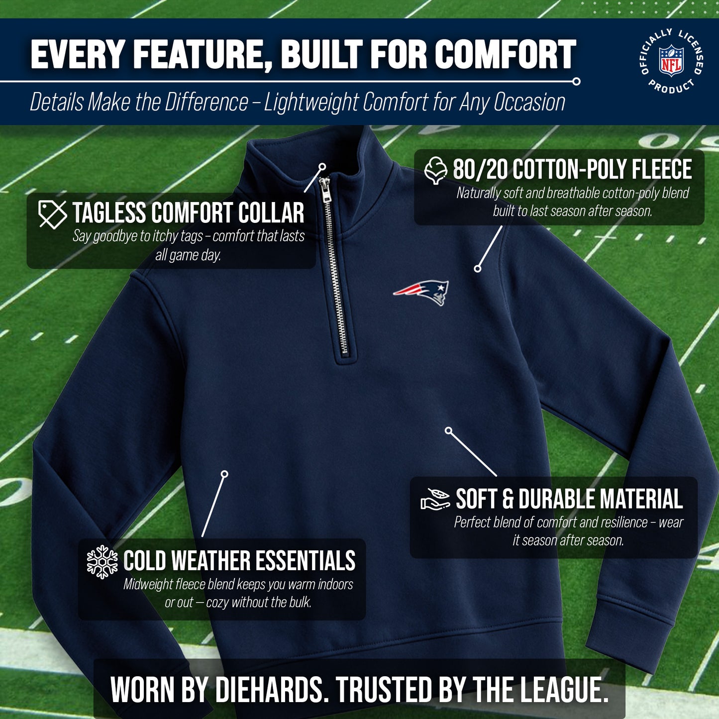 New England Patriots NFL Adult Unisex Team Logo Quarter Zip Pullover Sweatshirt - Navy