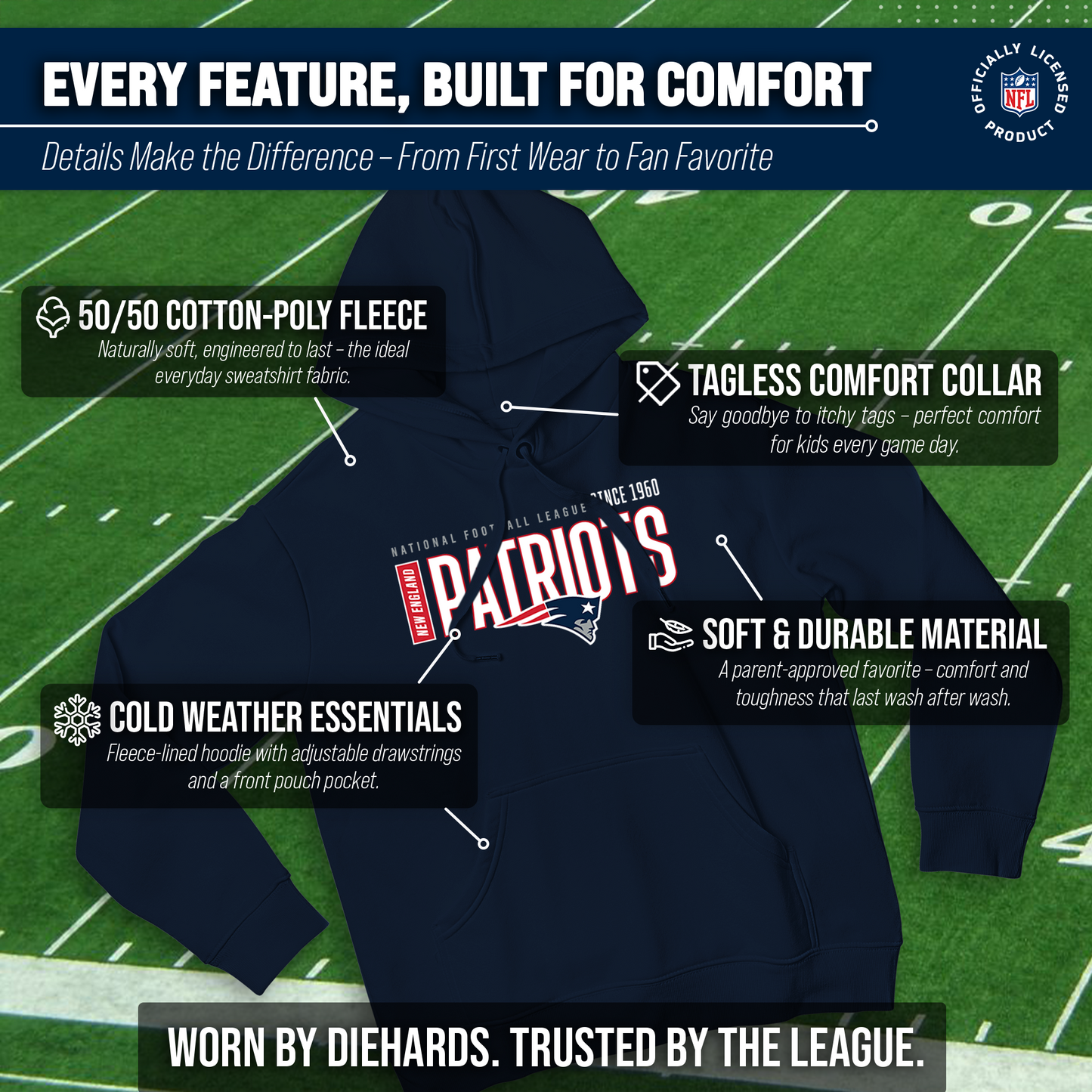 New England Patriots NFL Adult Unisex Modern Endzone Soft Fleece Hooded Sweatshirt - Navy