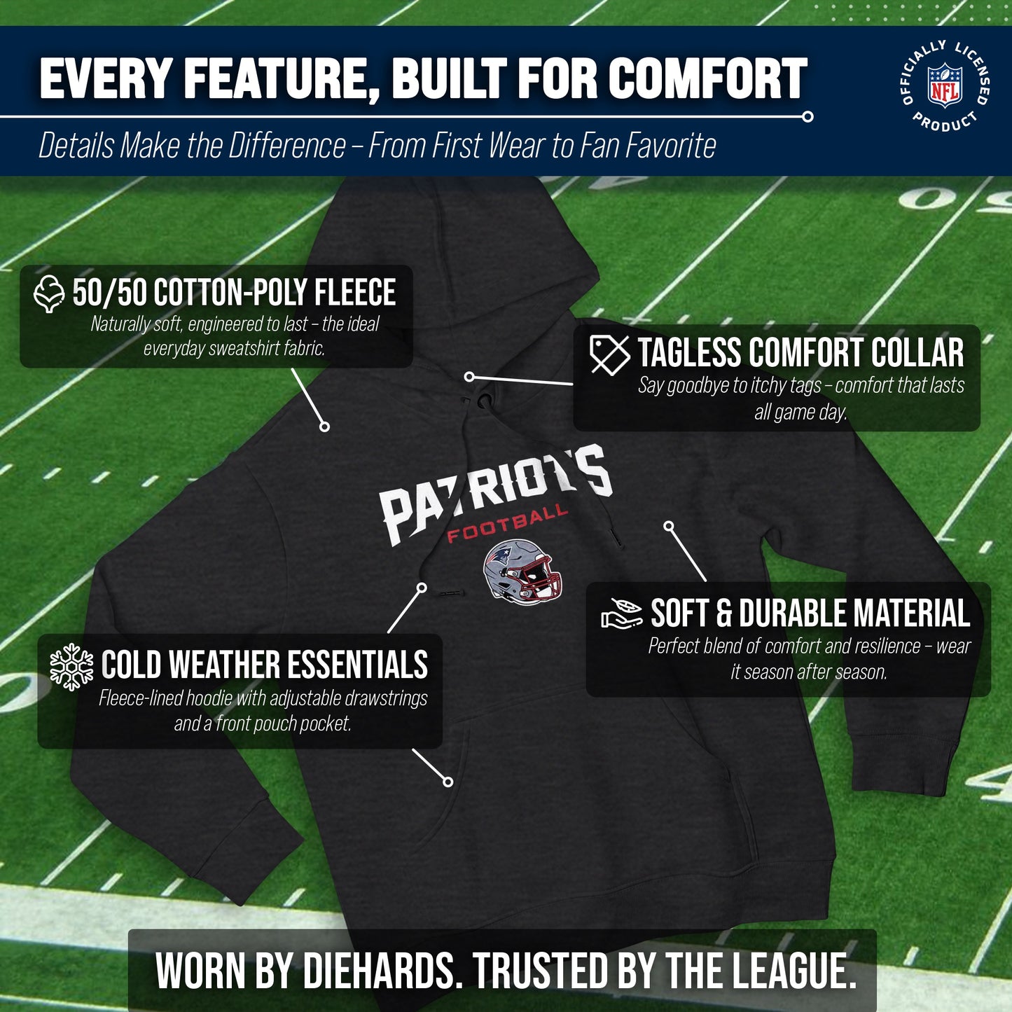 New England Patriots Adult NFL Football Helmet Heather Hooded Sweatshirt  - Charcoal