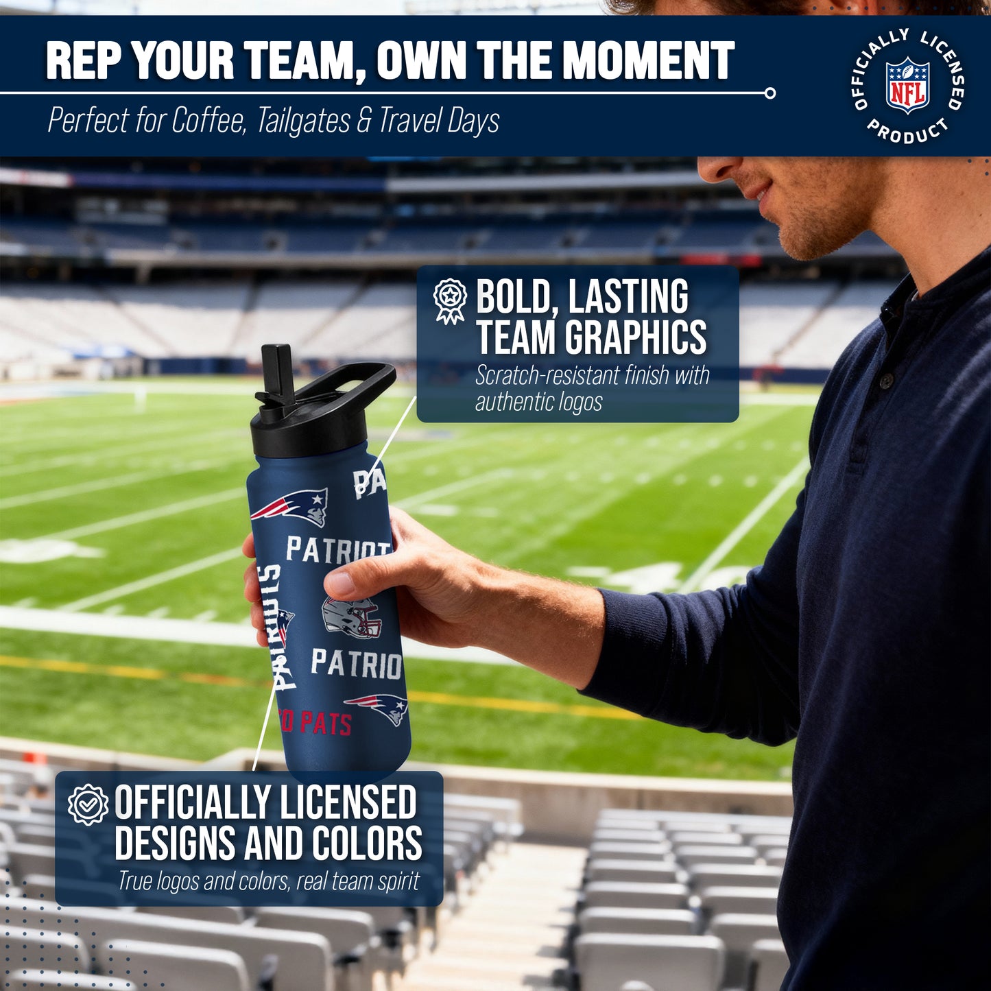 New England Patriots NFL 34oz Quencher Stainless Steel Insulated Water Bottle - Navy