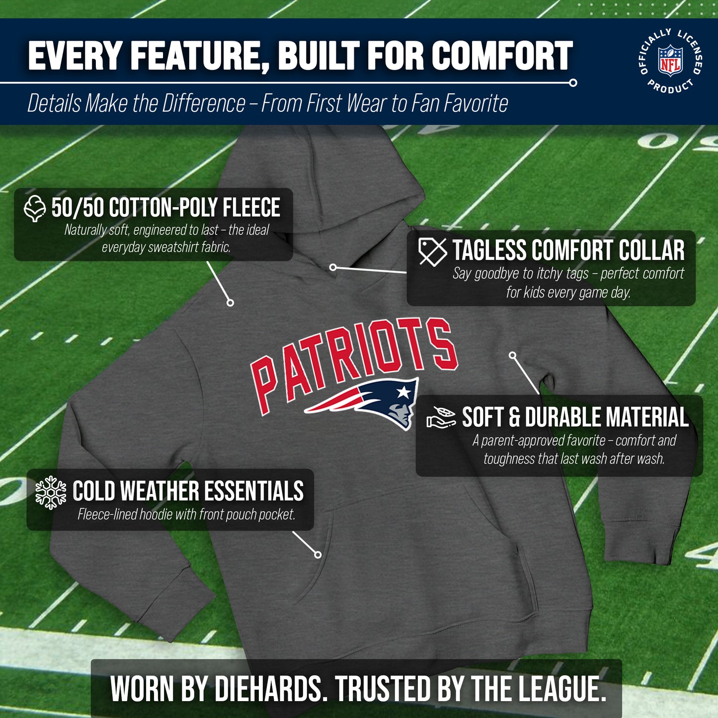 New England Patriots NFL Youth Home Team Hoodie- Kids Hooded Sweatshirt - Sport Gray