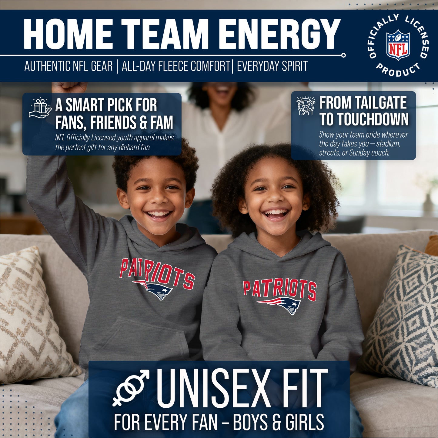 New England Patriots NFL Youth Home Team Hoodie- Kids Hooded Sweatshirt - Sport Gray