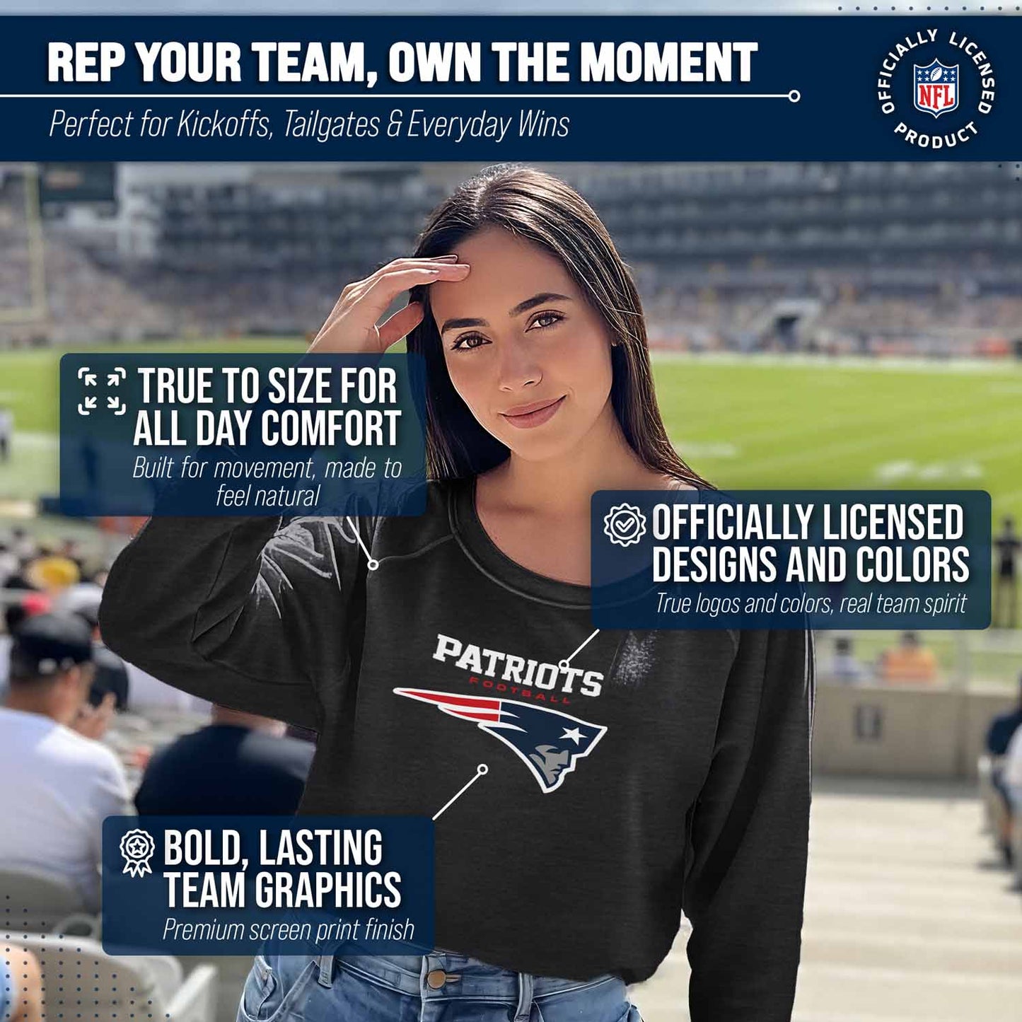 New England Patriots NFL Womens Ultimate Fan French Terry Slouchy Top- Raglan Sleeves - Charcoal