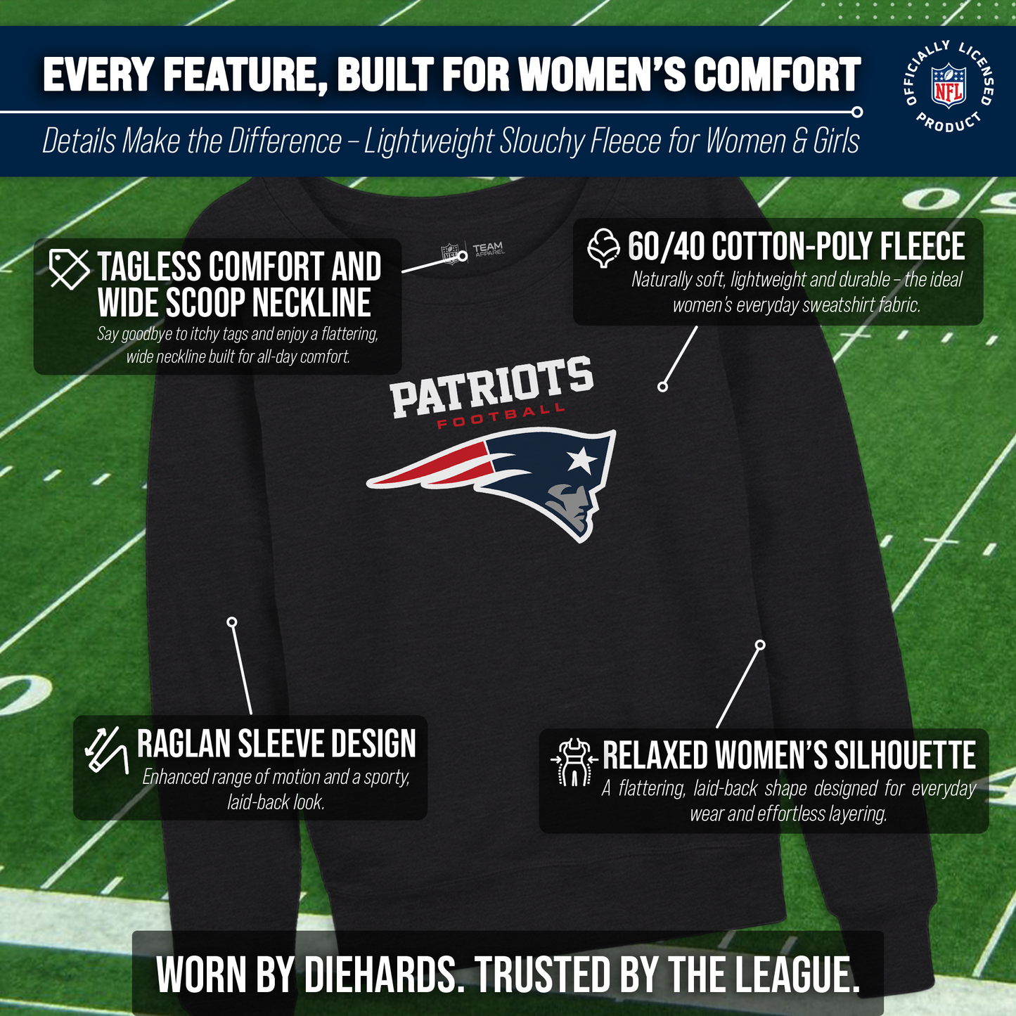 New England Patriots NFL Womens Ultimate Fan French Terry Slouchy Top- Raglan Sleeves - Charcoal