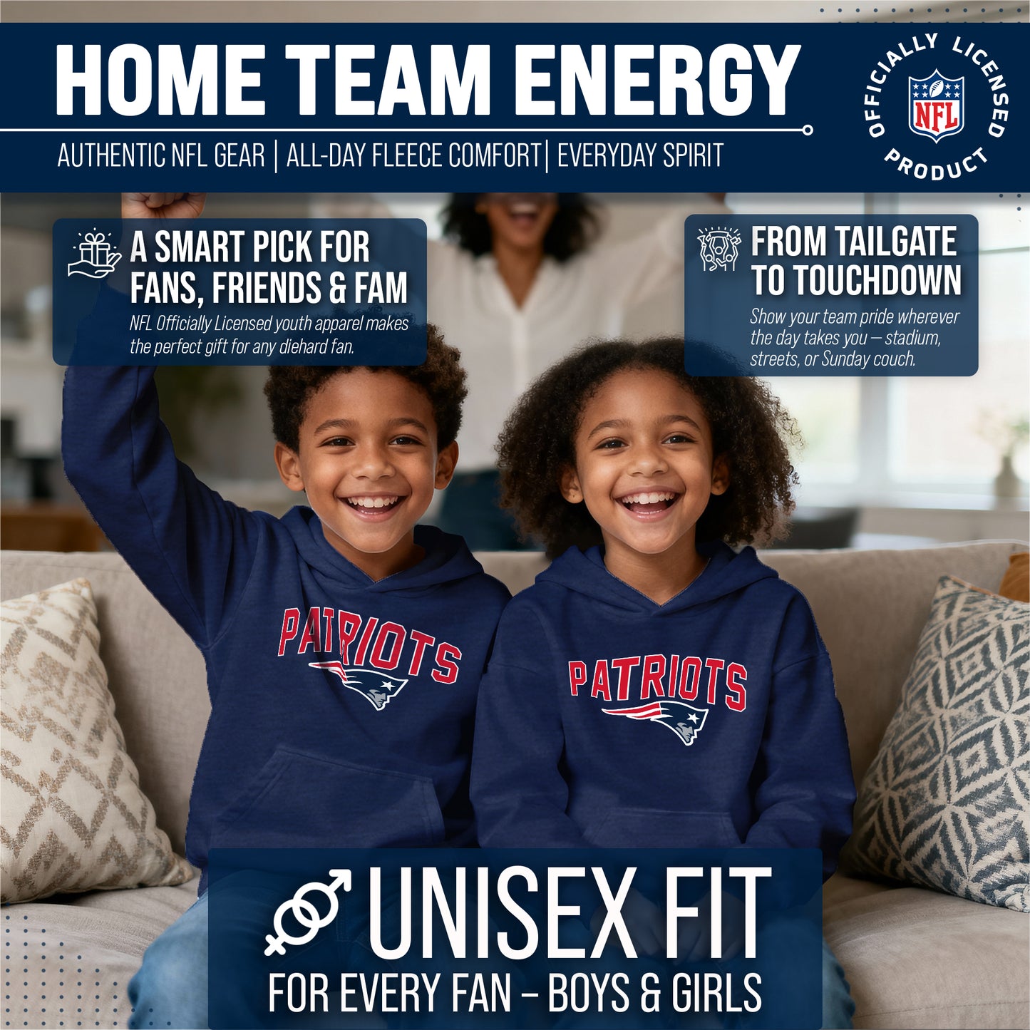 New England Patriots NFL Youth Home Team Hoodie- Kids Hooded Sweatshirt - Navy