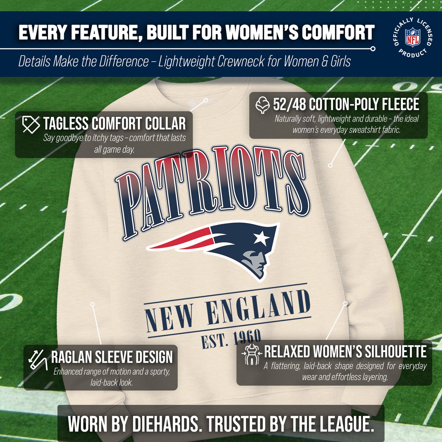 New England Patriots Womens NFL Starstruck Crewneck Pullover - Cream