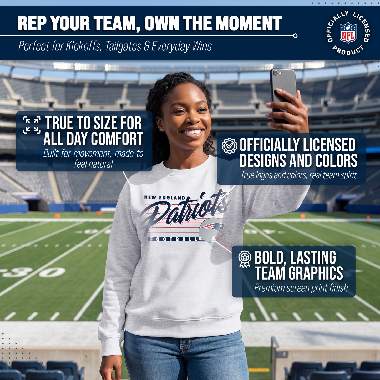 New England Patriots Womens NFL Scrimmage Line Crewneck Pullover - Gray Heather