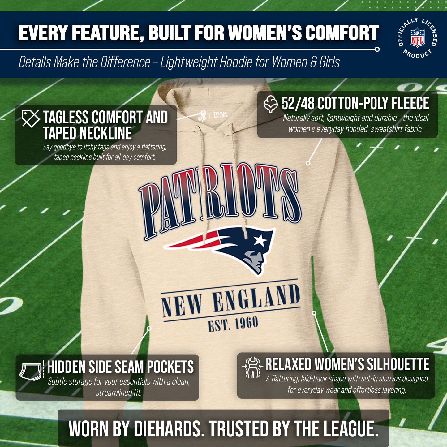 New England Patriots Ladies NFL Starstruck Fleece Pullover Hooded Sweatshirt - Cream