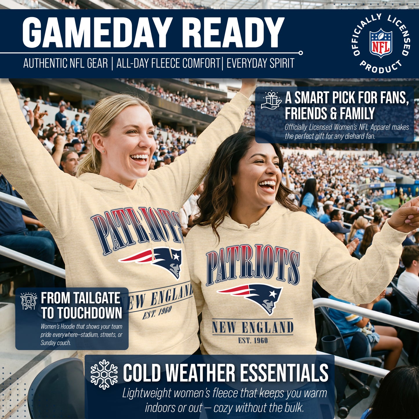 New England Patriots Ladies NFL Starstruck Fleece Pullover Hooded Sweatshirt - Cream