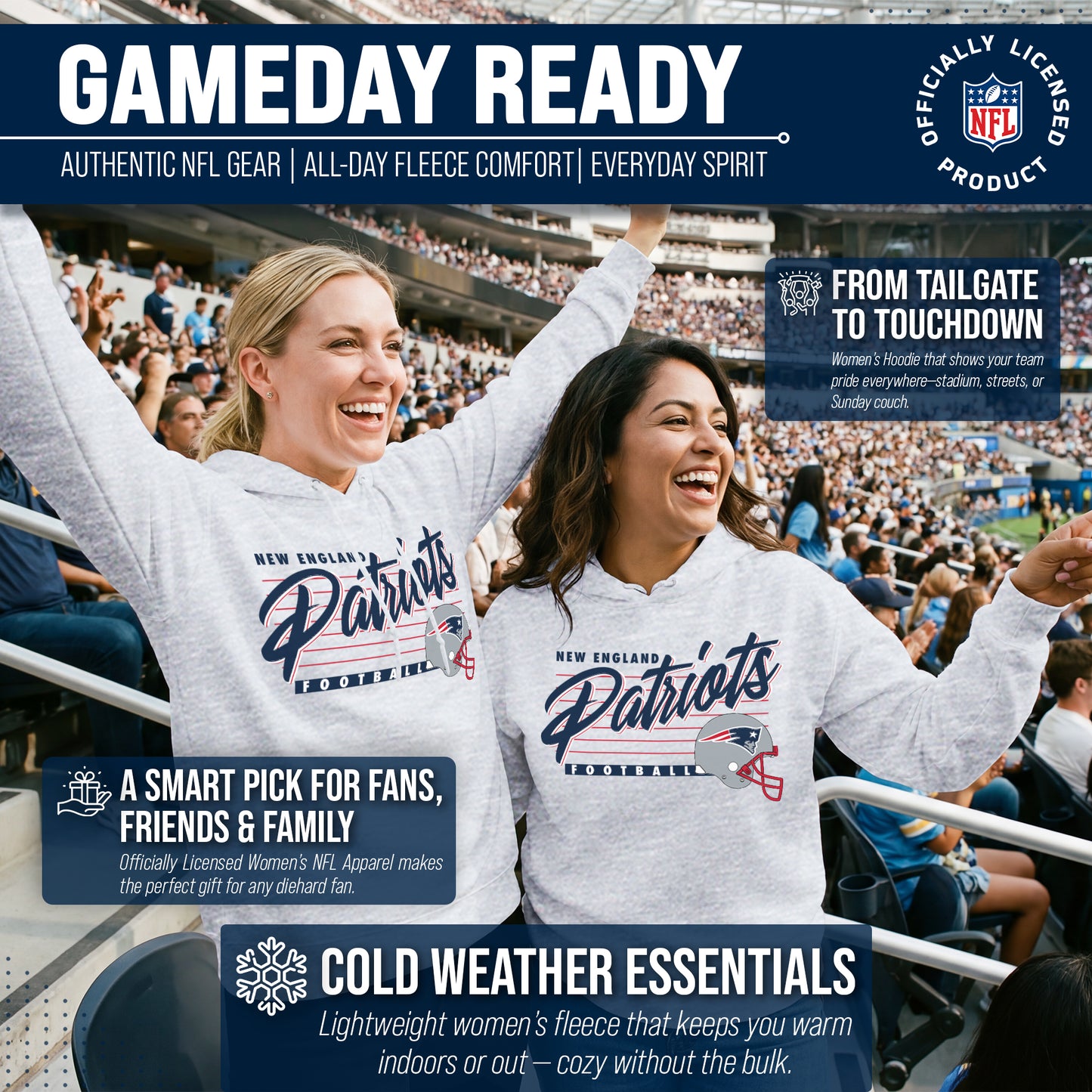 New England Patriots Ladies NFL Scrimmage Line Fleece Pullover Hooded Sweatshirt - Gray Heather