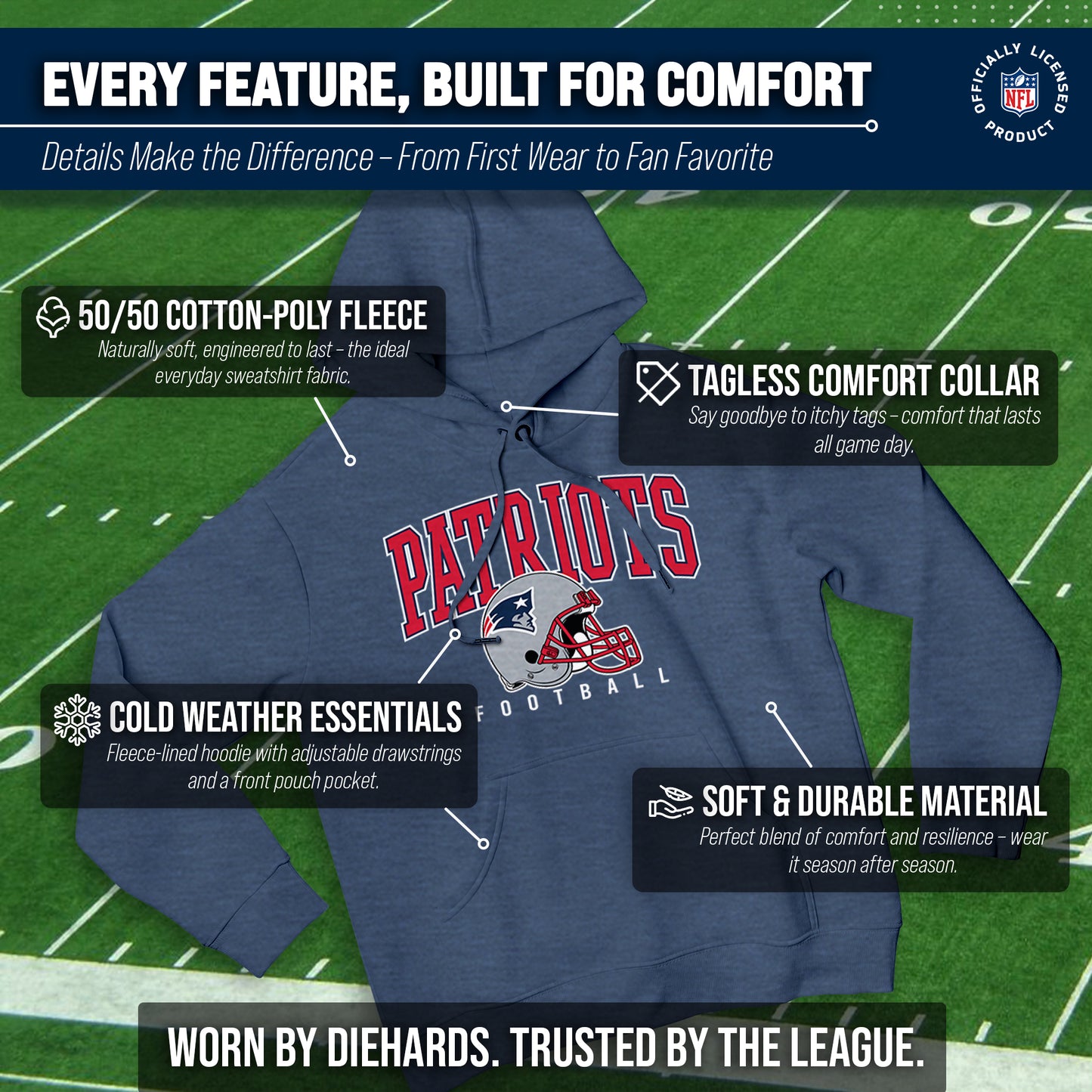 New England Patriots NFL Adult Unisex All Star Soft Fleece Hooded Sweatshirt - Navy Heather