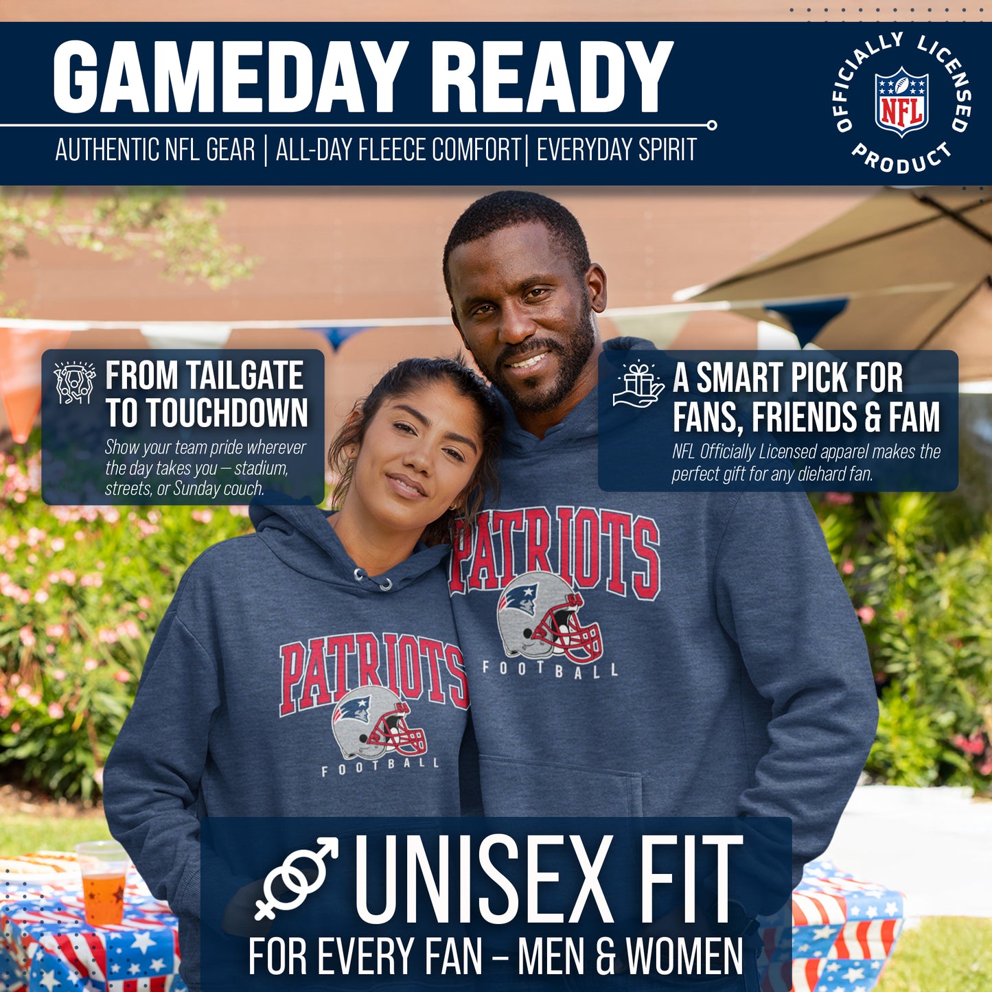 New England Patriots NFL Adult Unisex All Star Soft Fleece Hooded Sweatshirt - Navy Heather