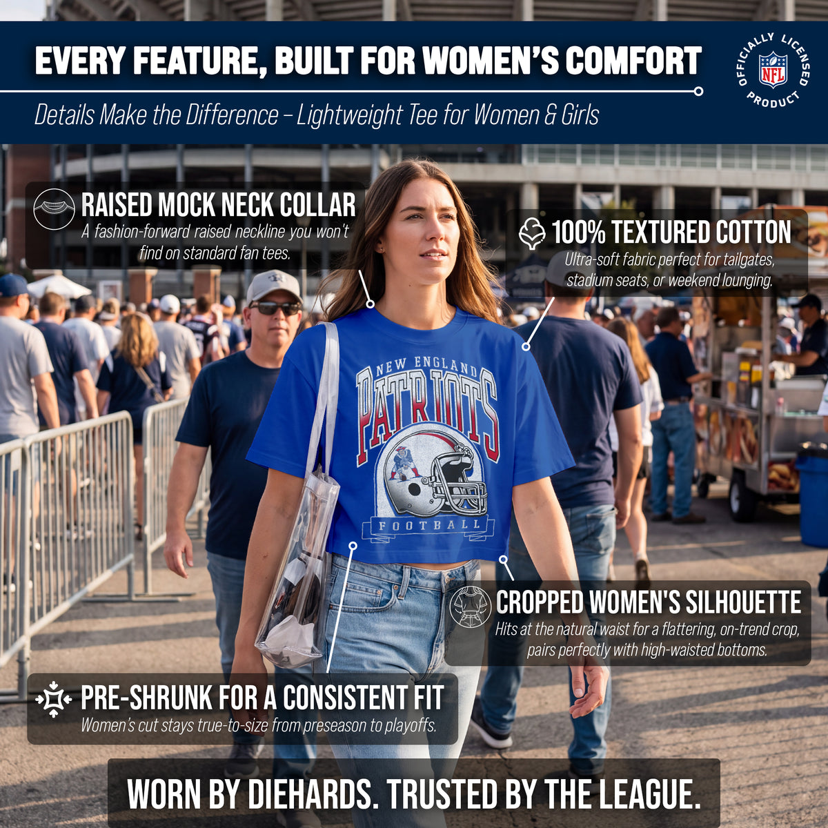 New England Patriots  Women's Franchise Helmet Crop T-Shirt Mock Neck - Royal