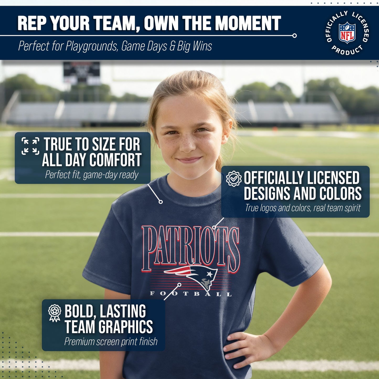 New England Patriots NFL Youth Overtime Blueprint Football T-Shirt Unisex Tag Free Comfortable - Navy