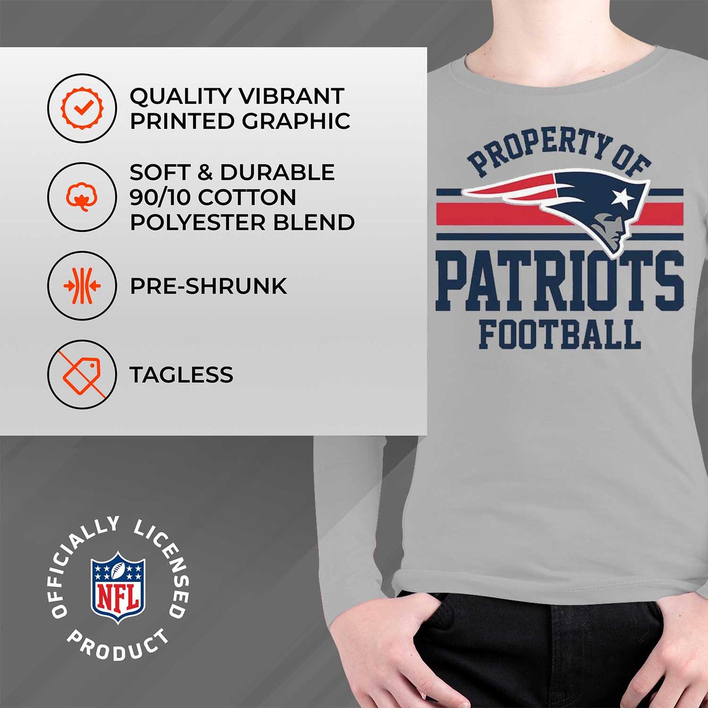 New England Patriots NFL Youth Property Of Crew Sweatshirt - Sport Gray
