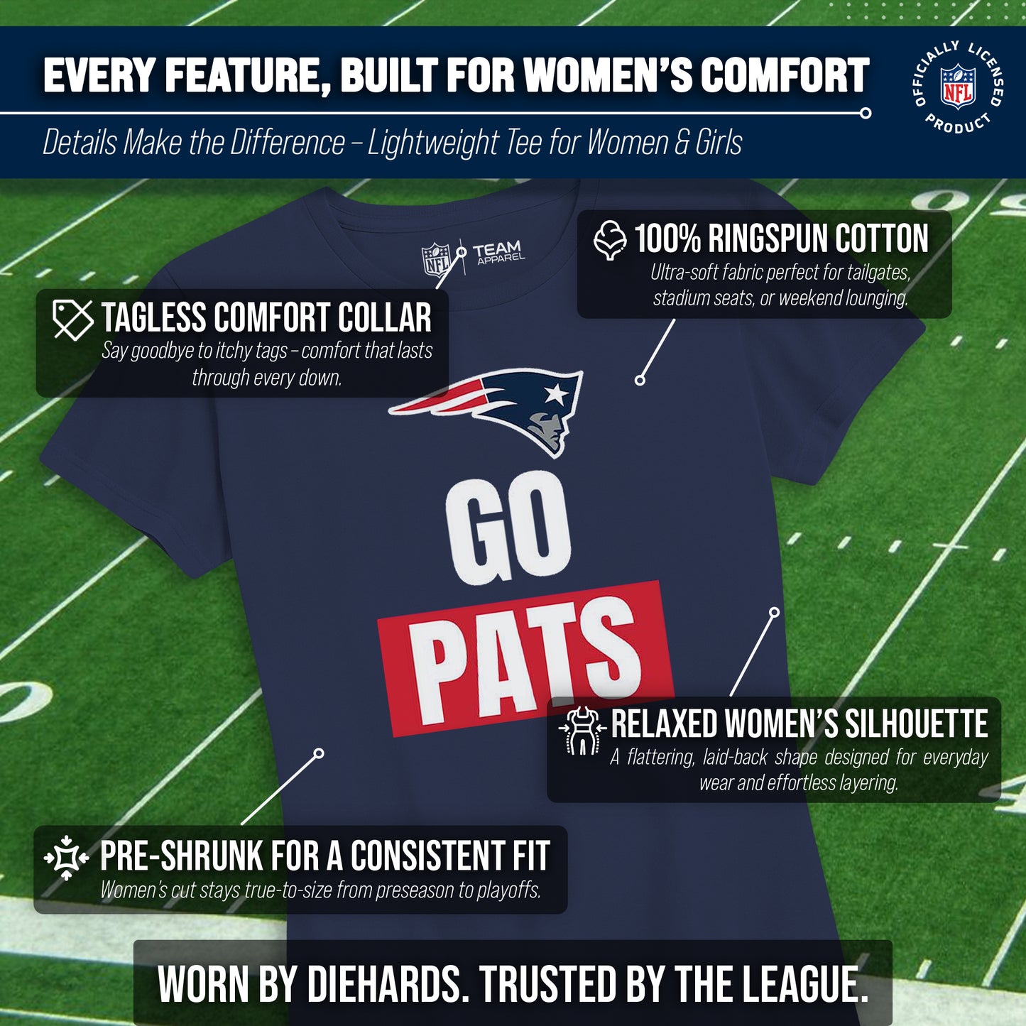 New England Patriots NFL Womens Team Slogan Short Sleeve Tshirt - Navy