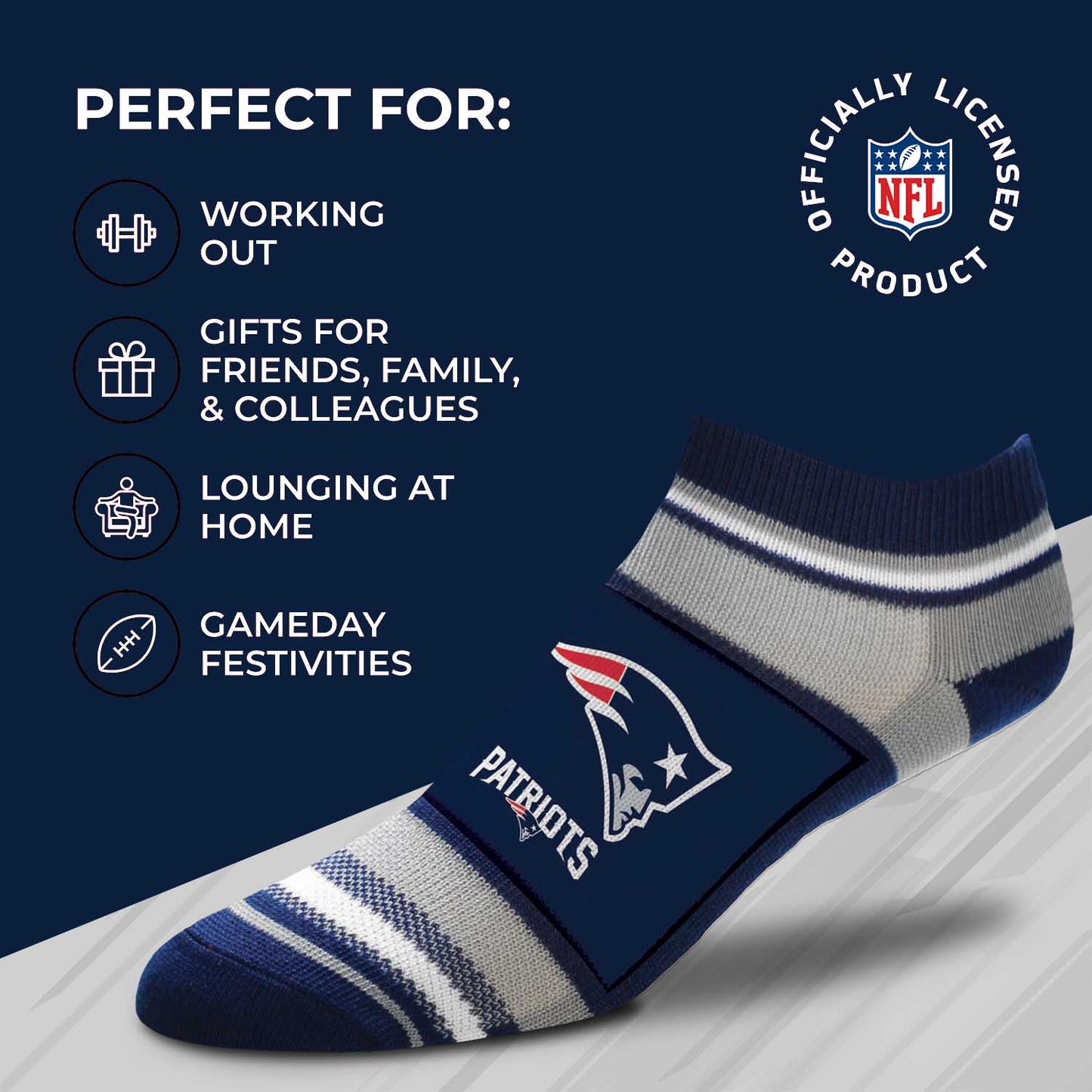 New England Patriots NFL Adult Marquis Addition No Show Socks - Navy