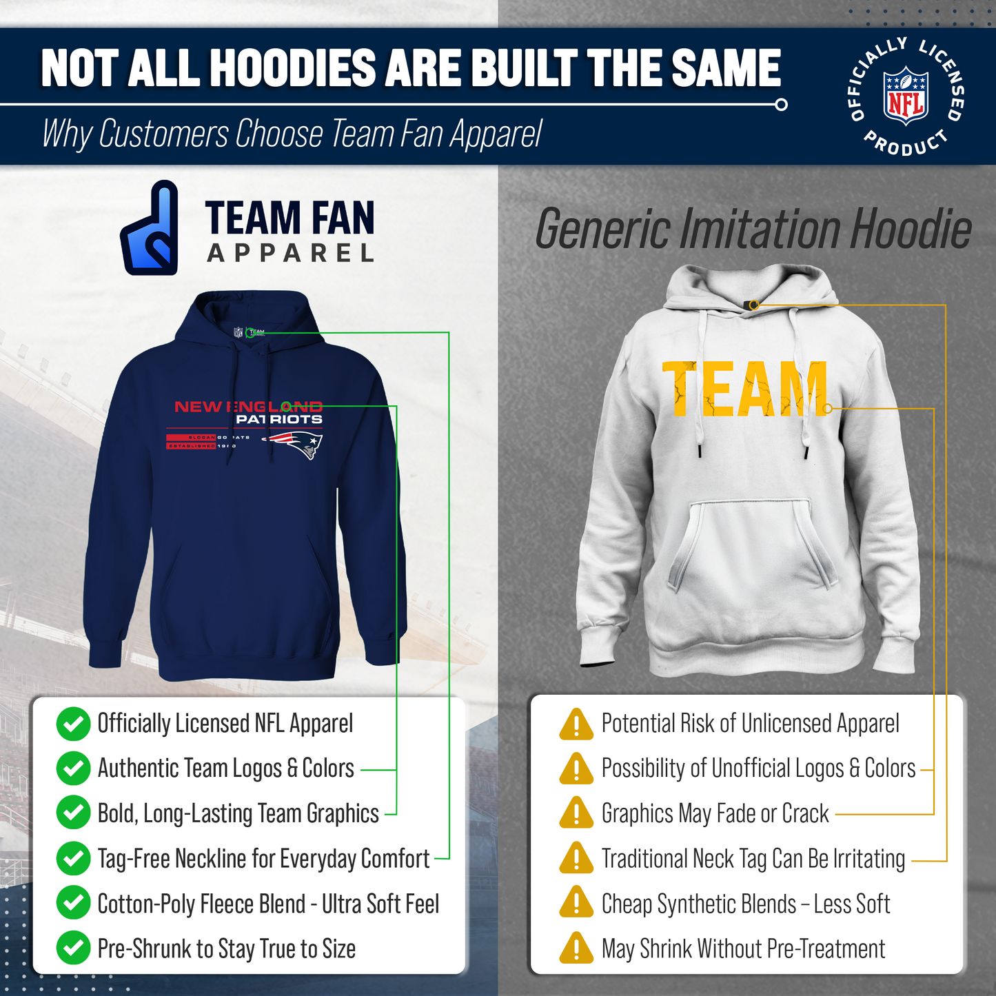 New England Patriots Adult NFL Speed Stat Sheet Fleece Hooded Sweatshirt - Navy